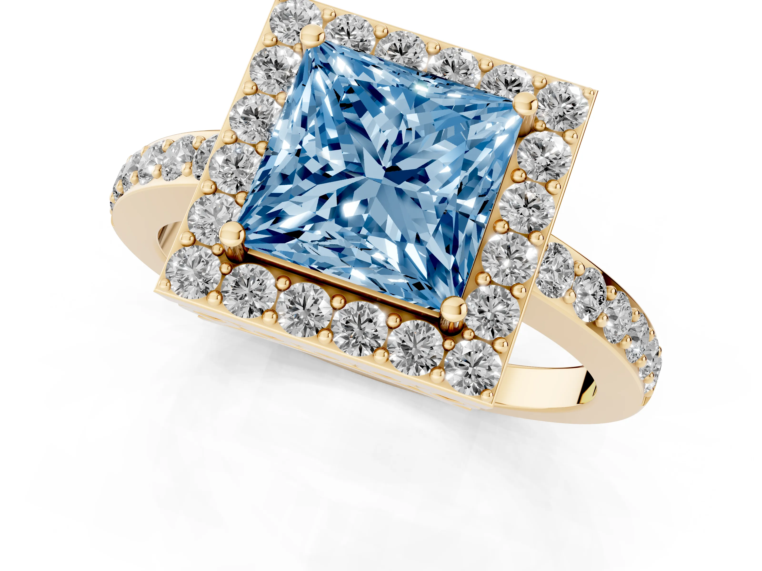 Fancy Blue Princess Cut Diamond Halo Ring Set in Yellow gold with Pavé-Setting Band and Open Prong Center