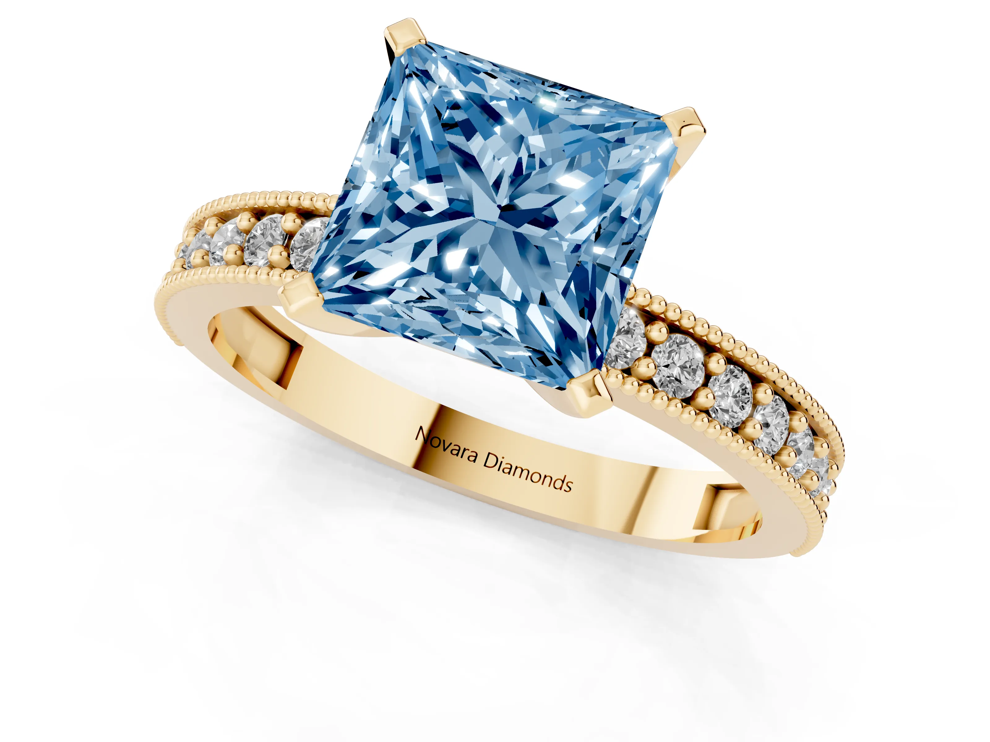 Fancy Blue Princess Cut Diamond Milgrain Pavé Engagement Ring Set in Yellow gold with Prong Setting