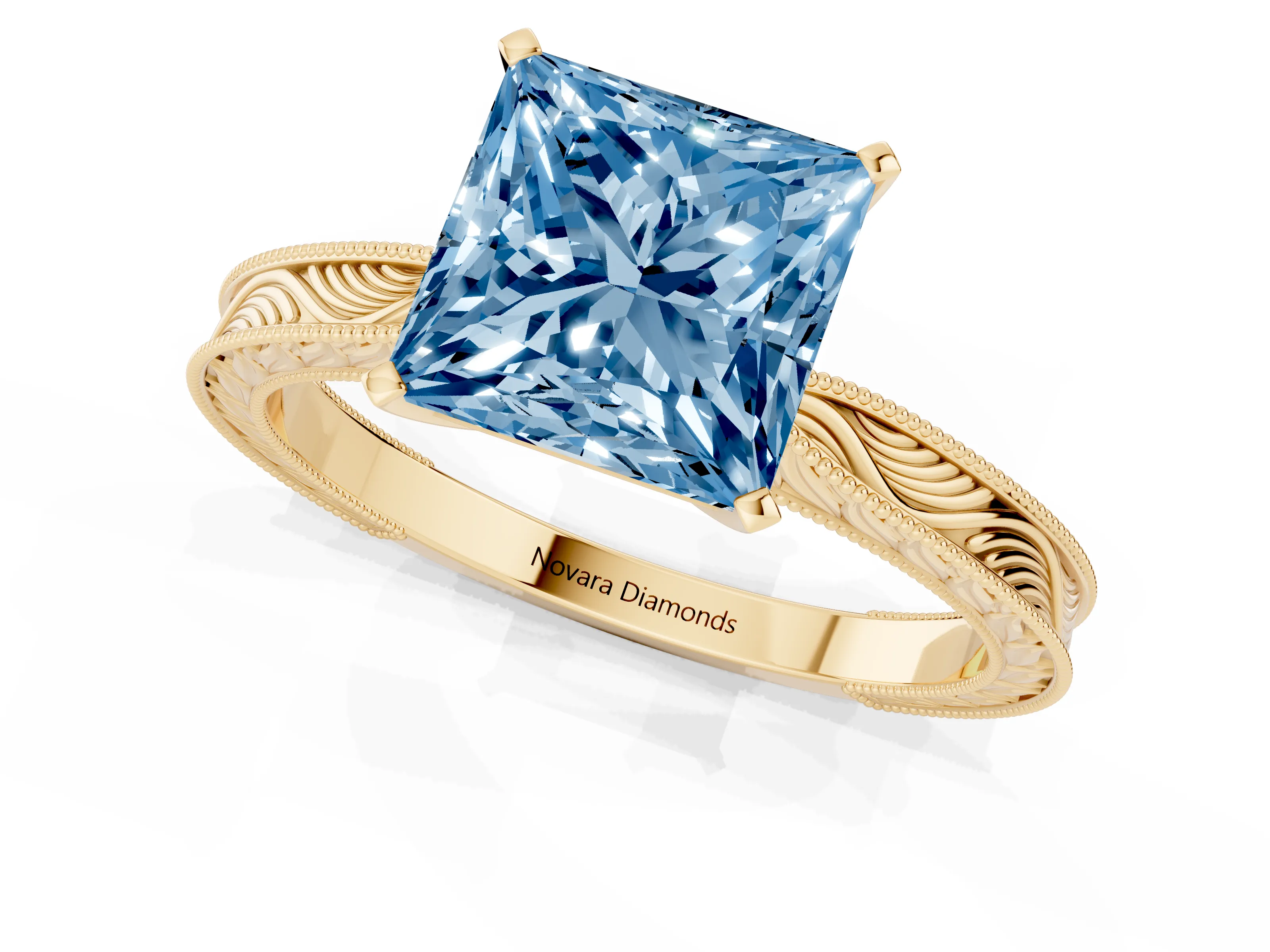 Fancy Blue Princess Cut Diamond Solitaire Milgrain Engraved Band Set in Yellow gold with Prong Setting