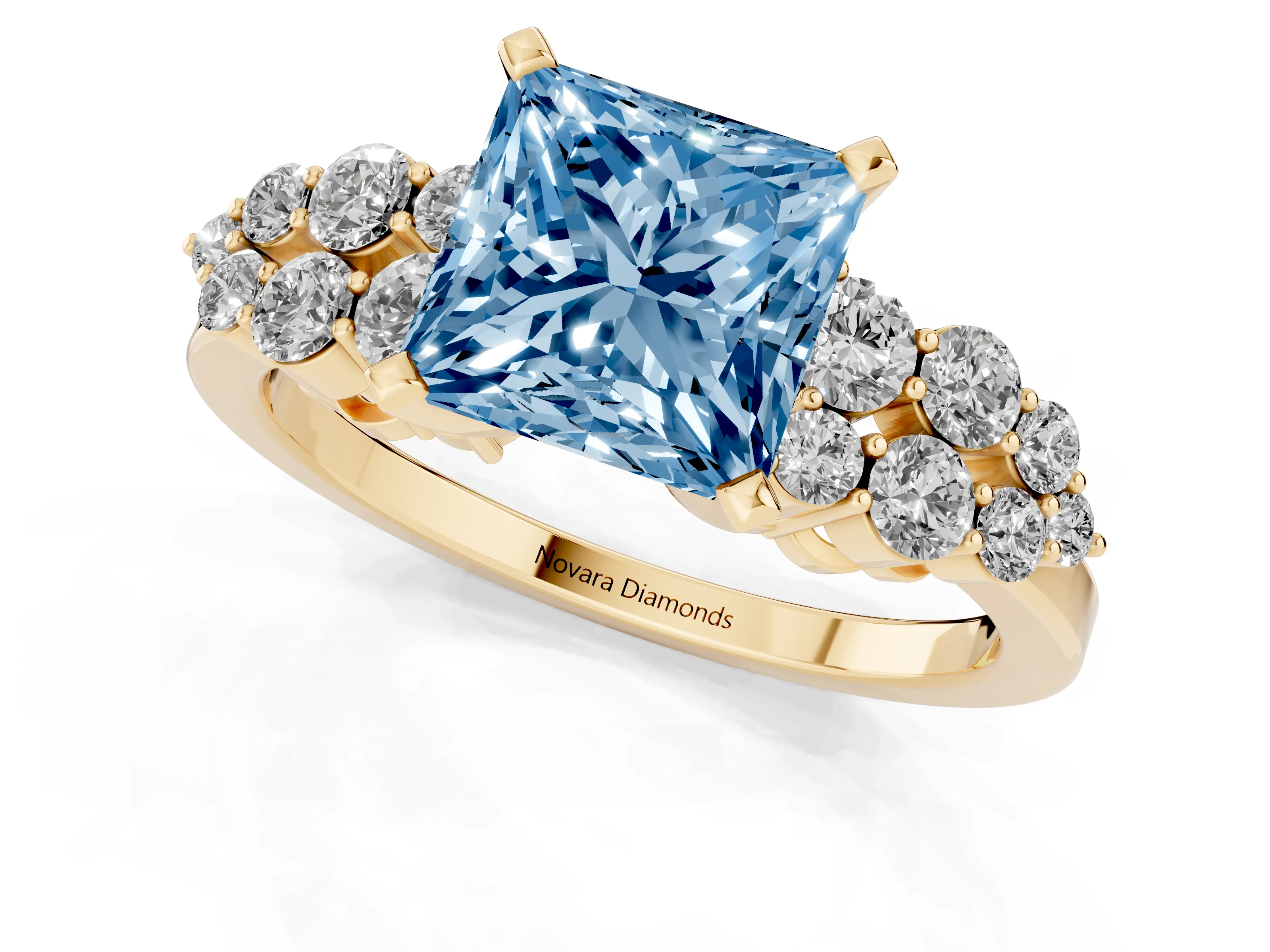 Fancy Blue Princess Cut Diamond Cluster Engagement Ring Set in Yellow gold with Pavé Band and Prong Setting