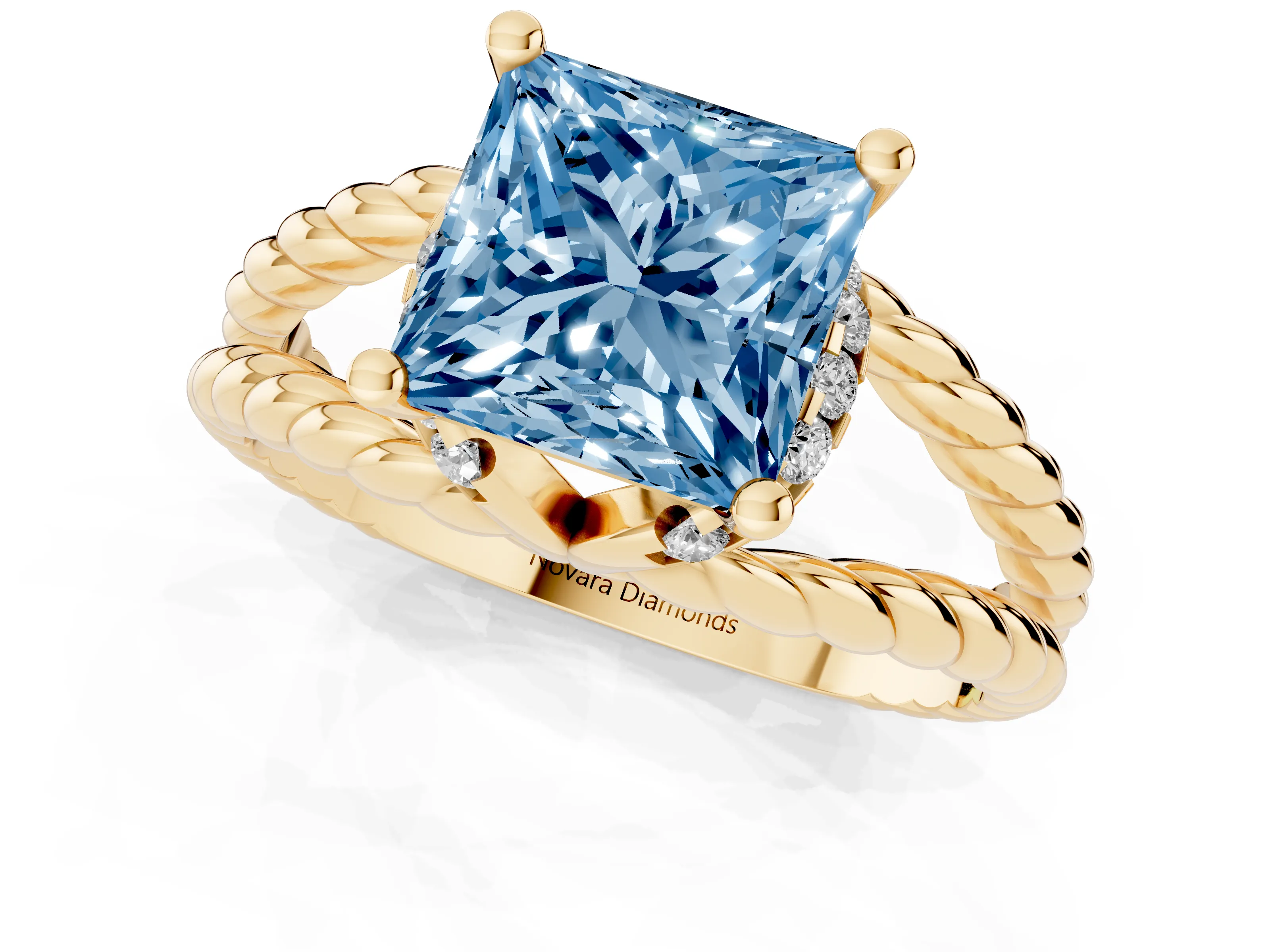 Fancy Blue Princess Cut Diamond Halo Ring Set in Yellow gold with Twisted Band and Prong Setting