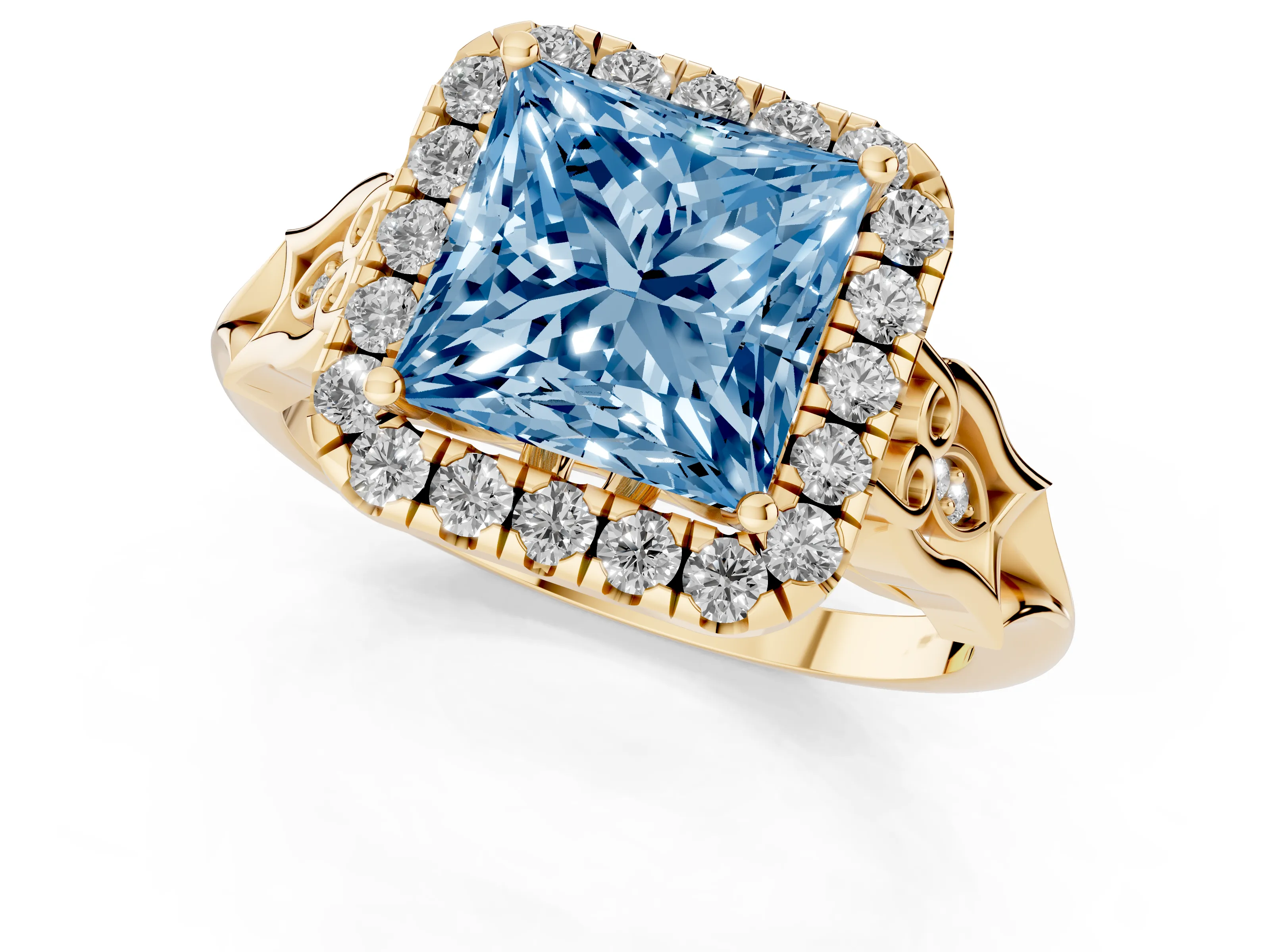 Fancy Blue Princess Cut Diamond Halo Engagement Ring Set in Yellow gold with Filigree Band and Prong-Set Center