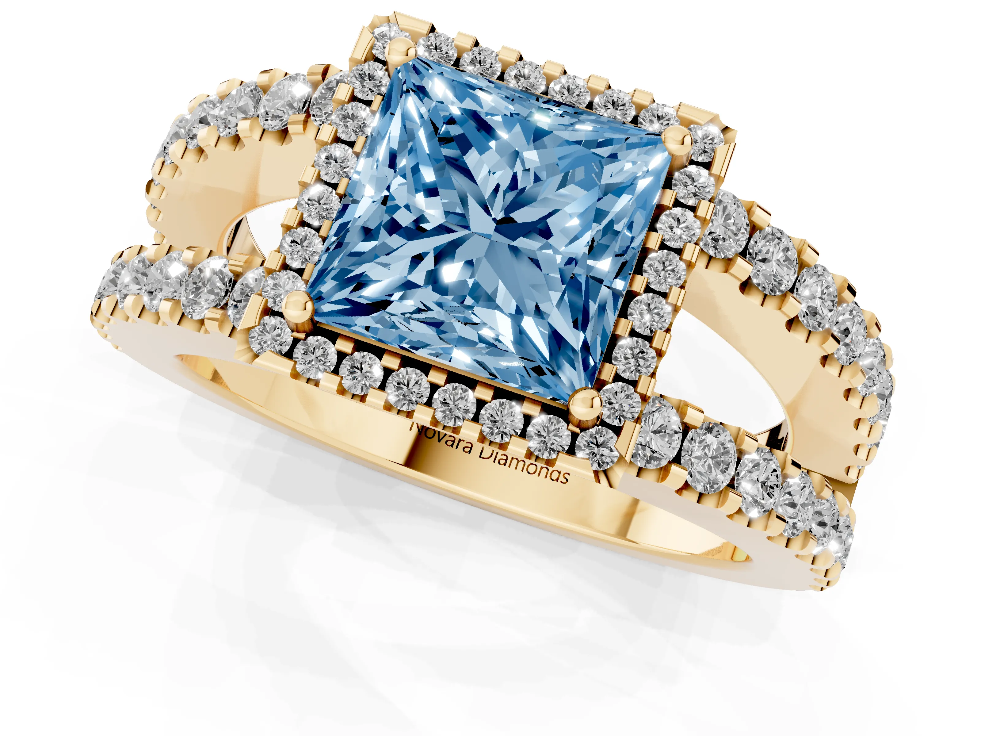 Fancy Blue Princess Cut Diamond Halo Ring Set in Yellow gold with Pavé Split Shank and Prong Setting