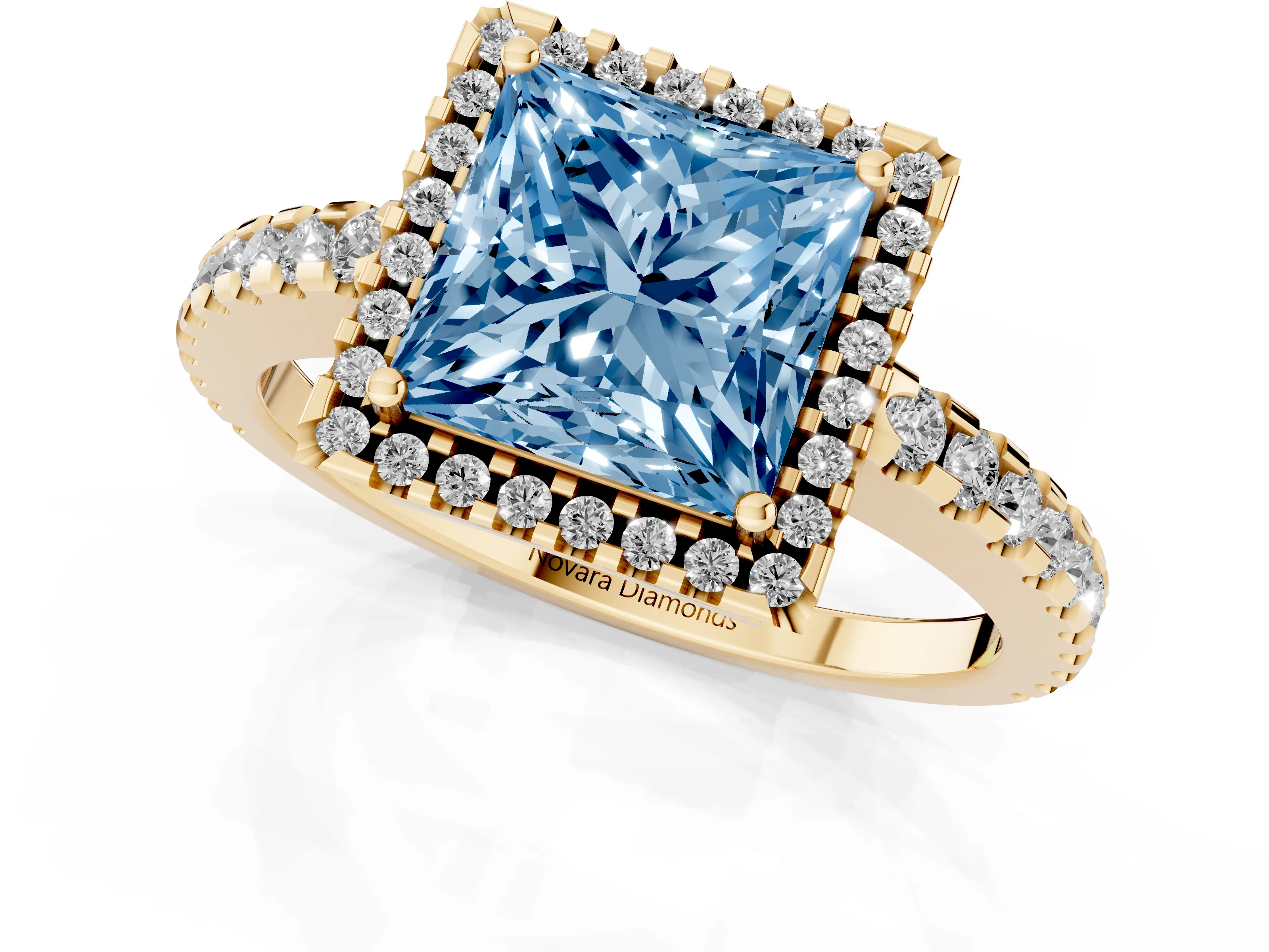 Fancy Blue Princess Cut Diamond Halo Ring Set in Yellow gold with Pavé Shoulders and Halo-Framed Center