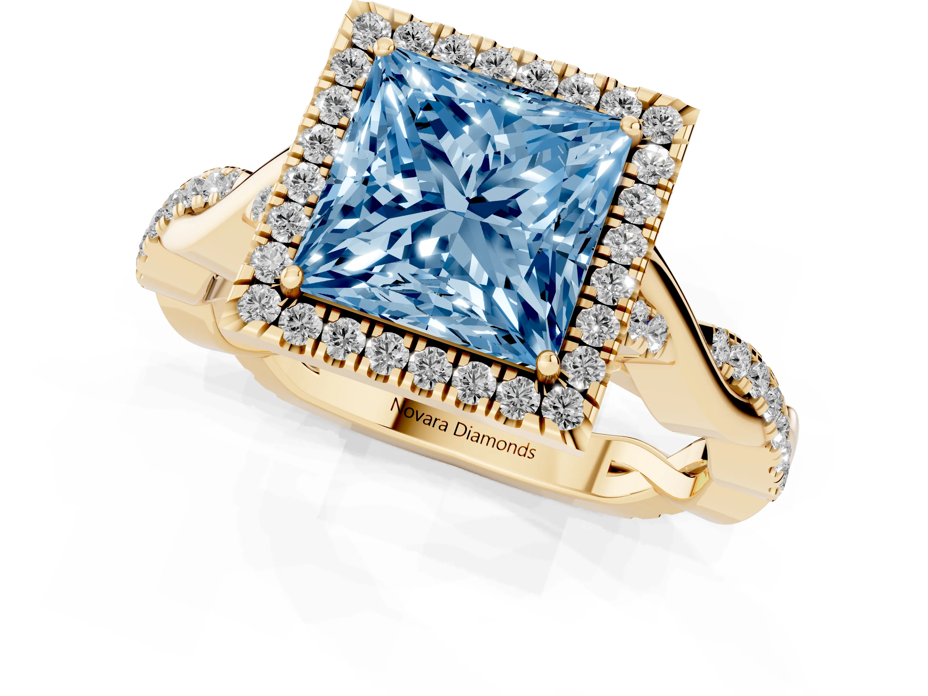 Fancy Blue Princess Cut Diamond Halo Twist Band Solitaire Ring Set in Yellow gold with Prong Setting