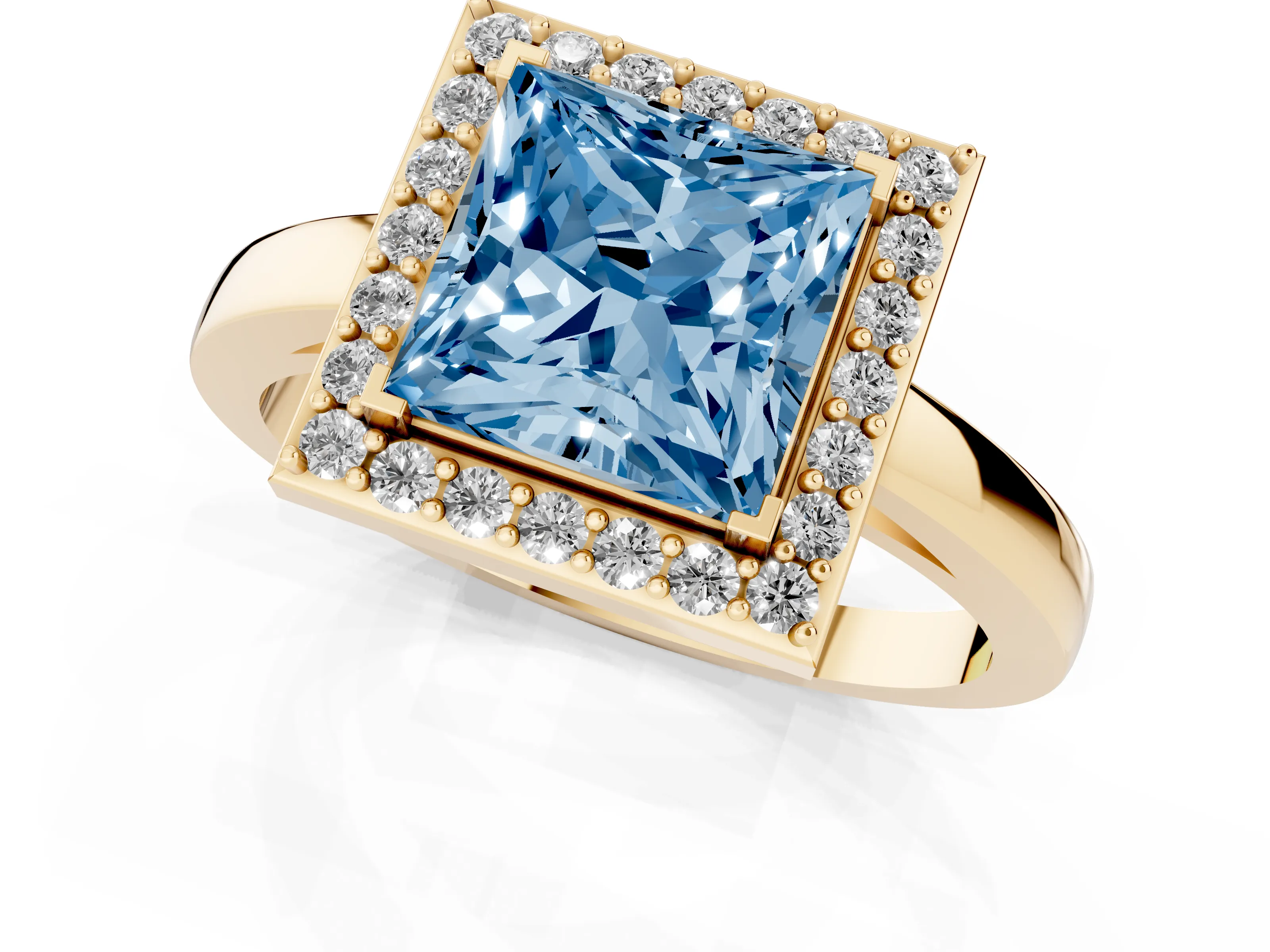 Fancy Blue Princess Cut Diamond Halo Ring Set in Yellow gold with Solitaire Band and Prong Setting