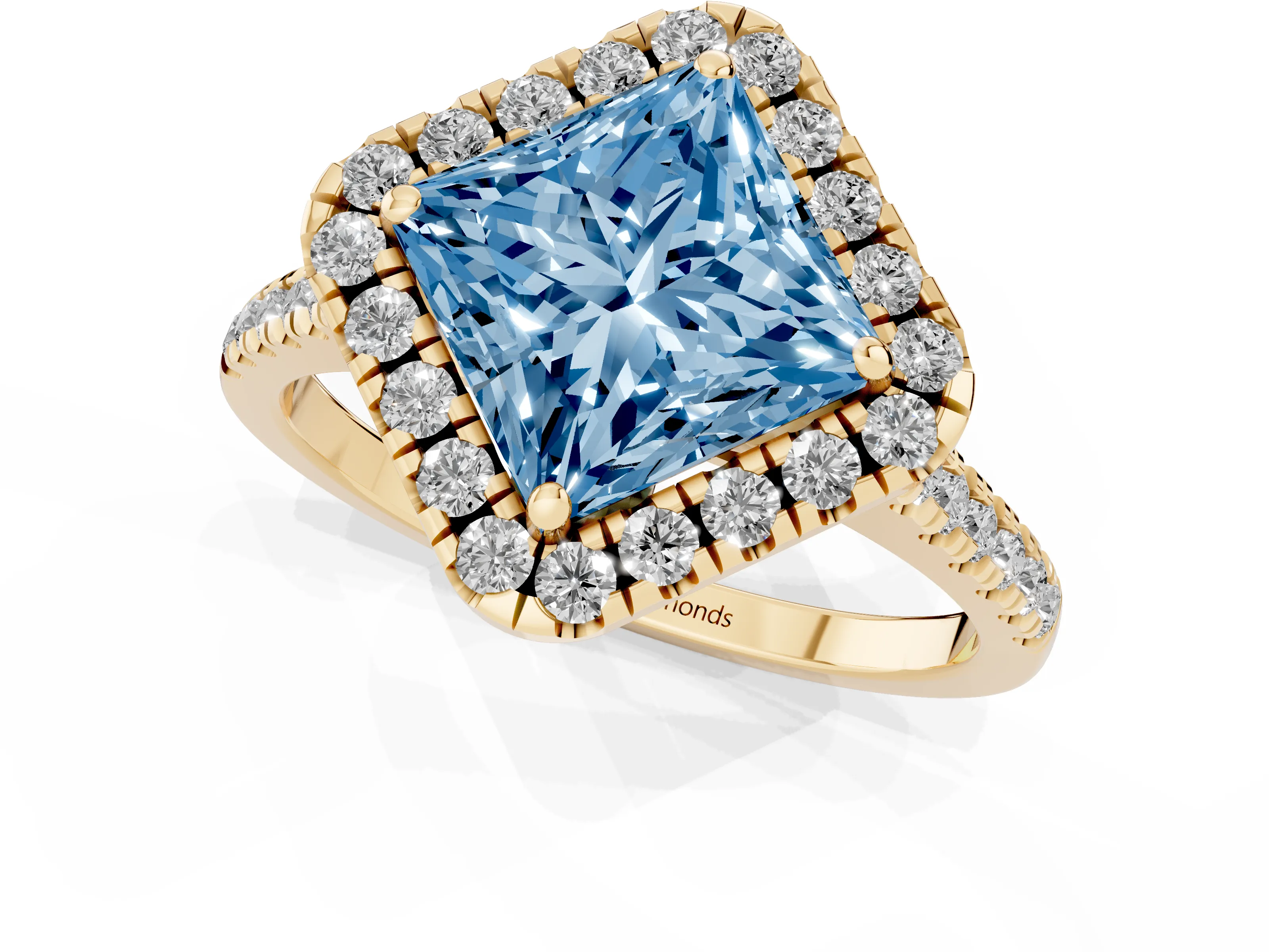 Fancy Blue Princess Cut Diamond Cushion Halo Ring Set in Yellow gold with Pavé Band