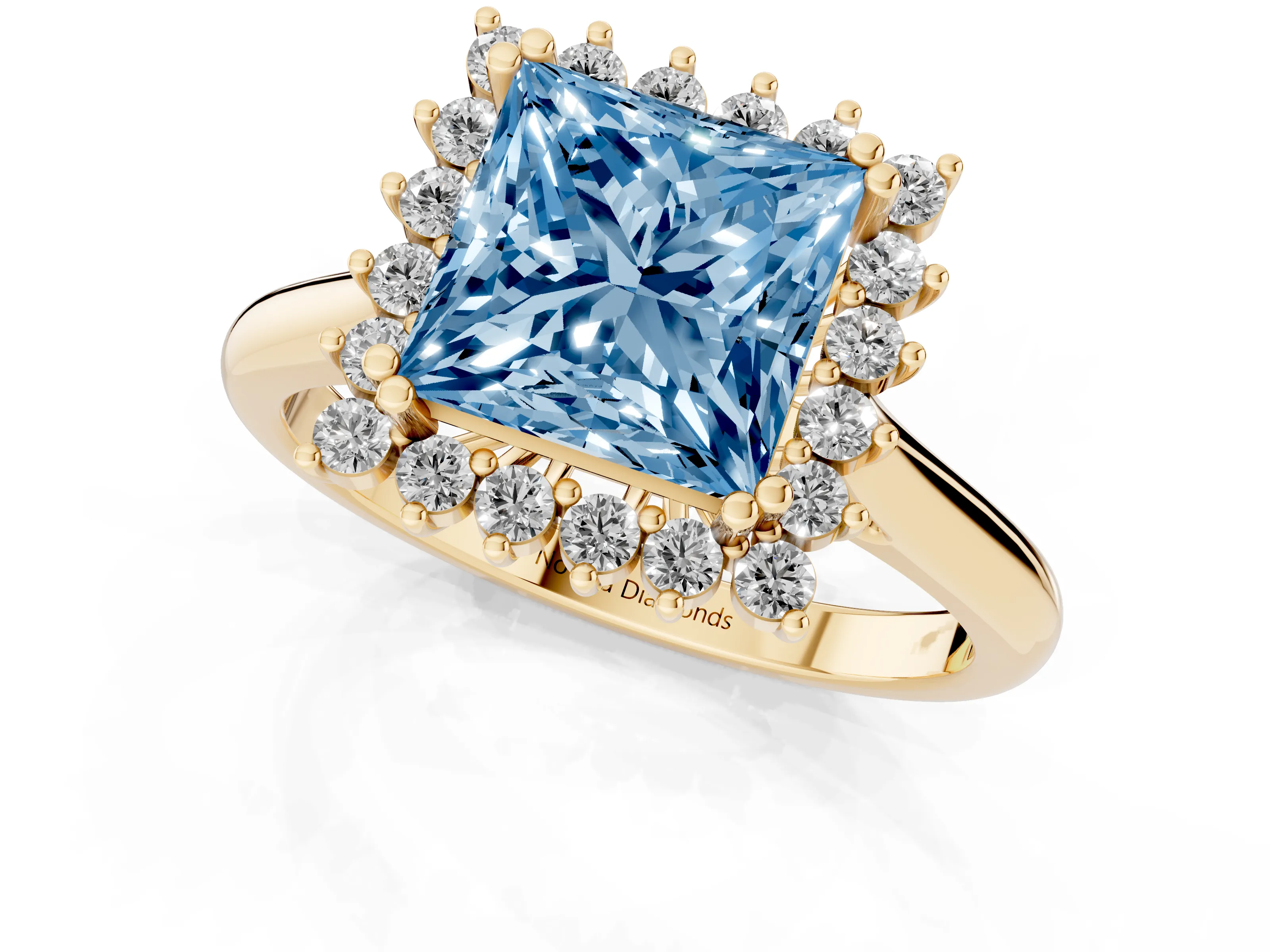 Fancy Blue Princess Cut Diamond Halo Ring Set in Yellow gold with Plain Solitaire Band and Prong Setting