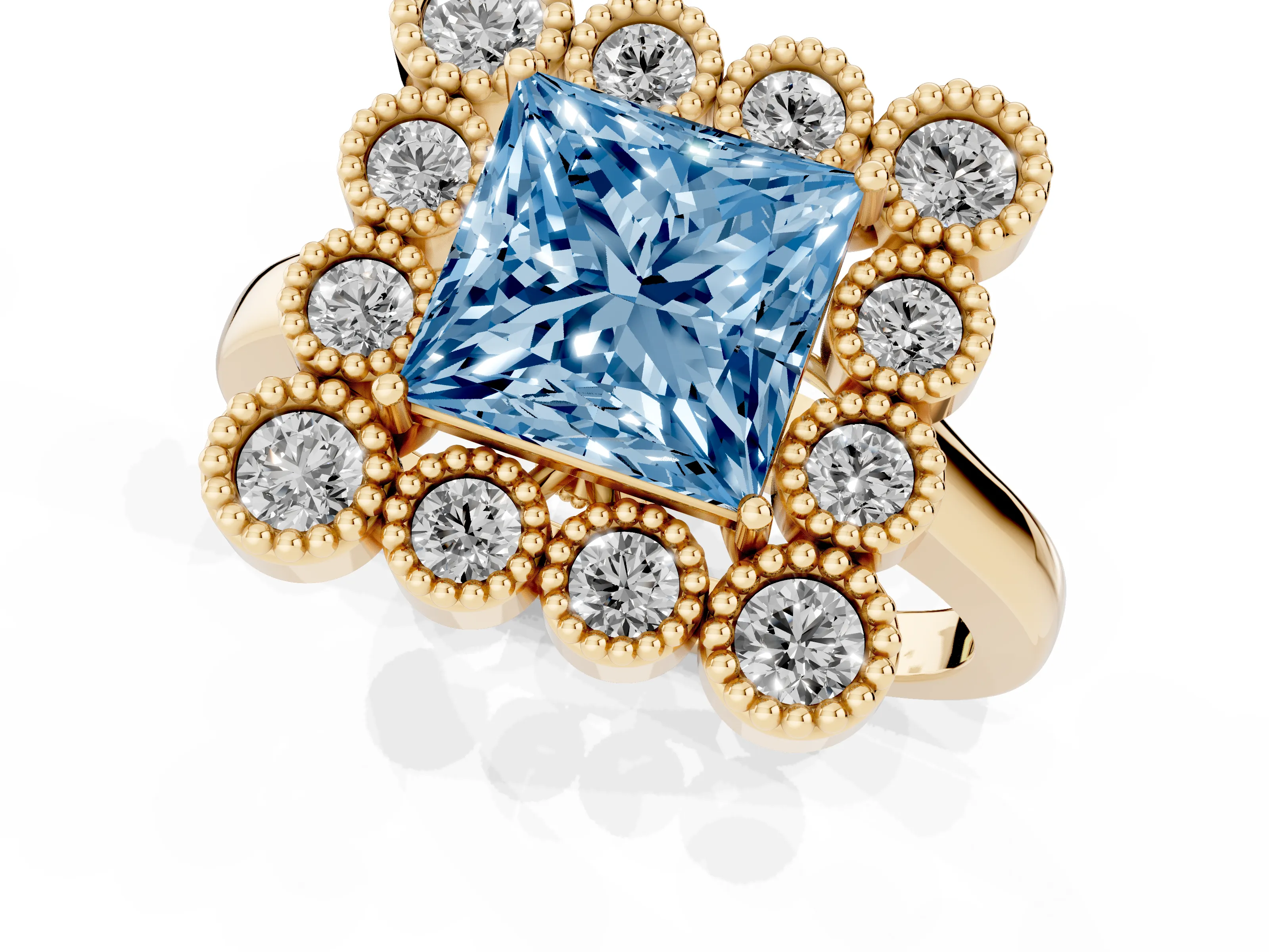 Fancy Blue Princess Cut Diamond Cluster Halo Ring Set in Yellow gold with Milgrain Bezel Accents and Plain Band