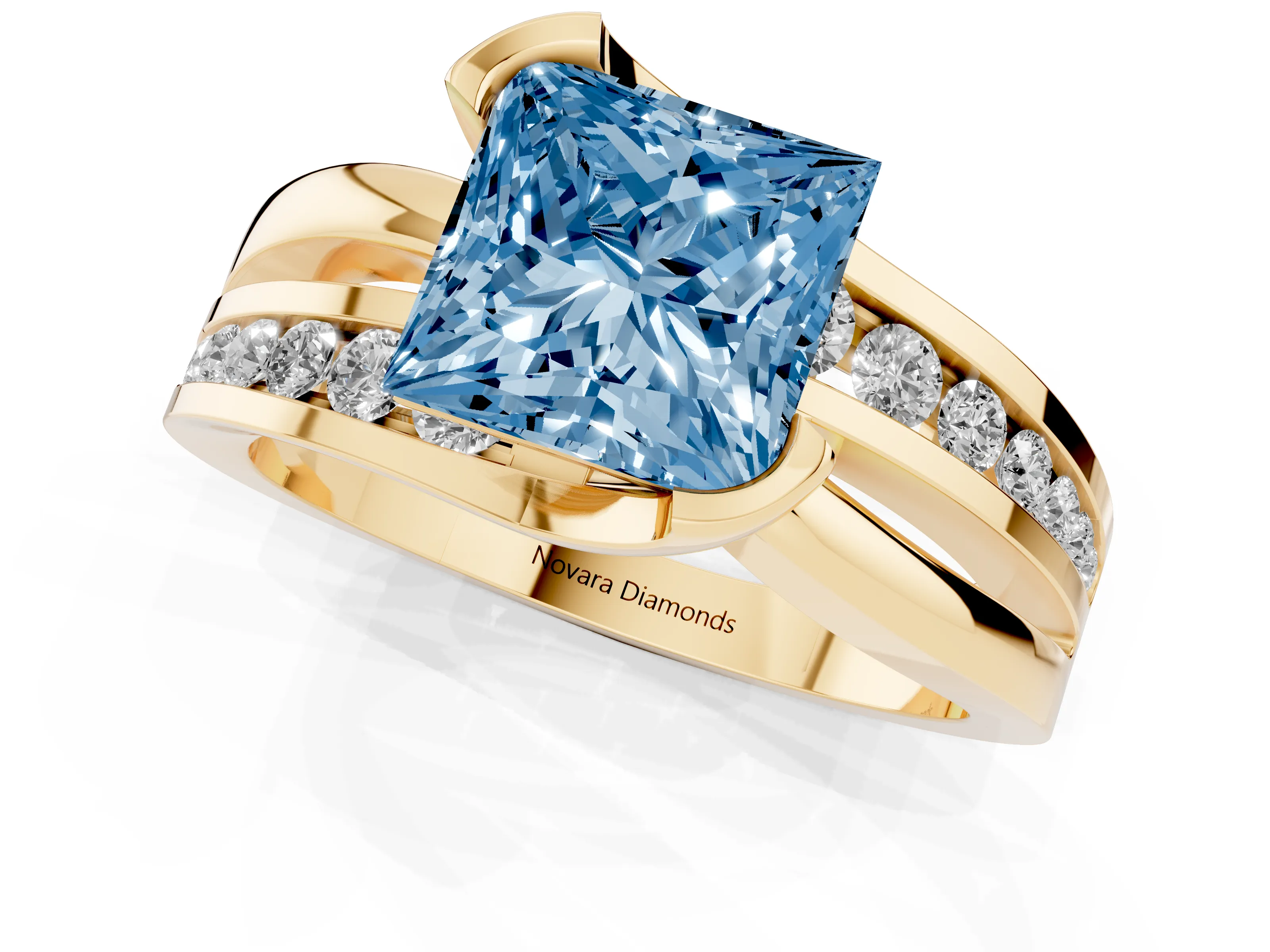 Fancy Blue Princess Cut Diamond Solitaire Ring Set in Yellow gold with Channel Set Split Shank and Tension Prongs