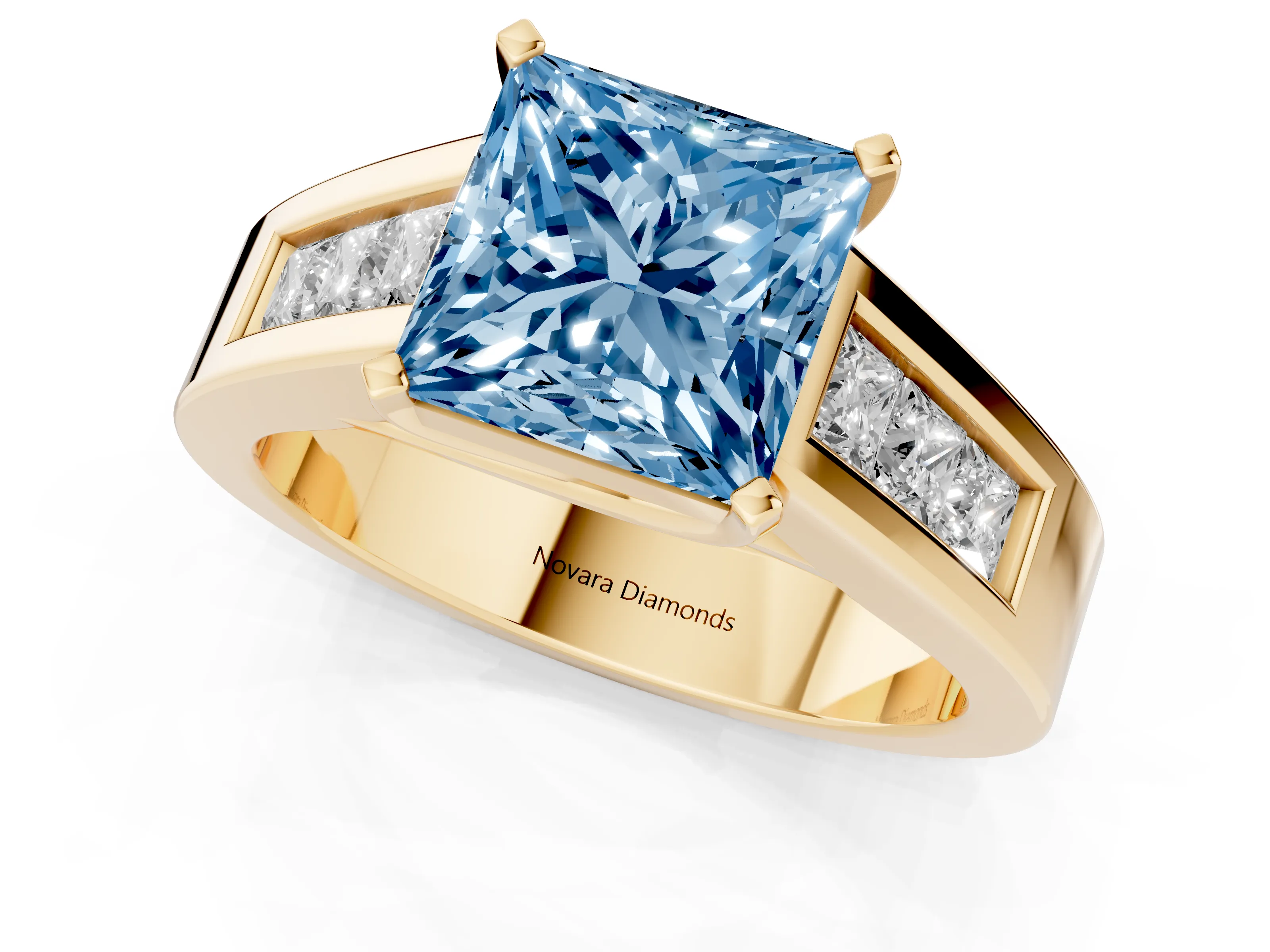 Fancy Blue Princess Cut Diamond Solitaire Ring Set in Yellow gold with Channel-Set Accent Stones and Prong Setting