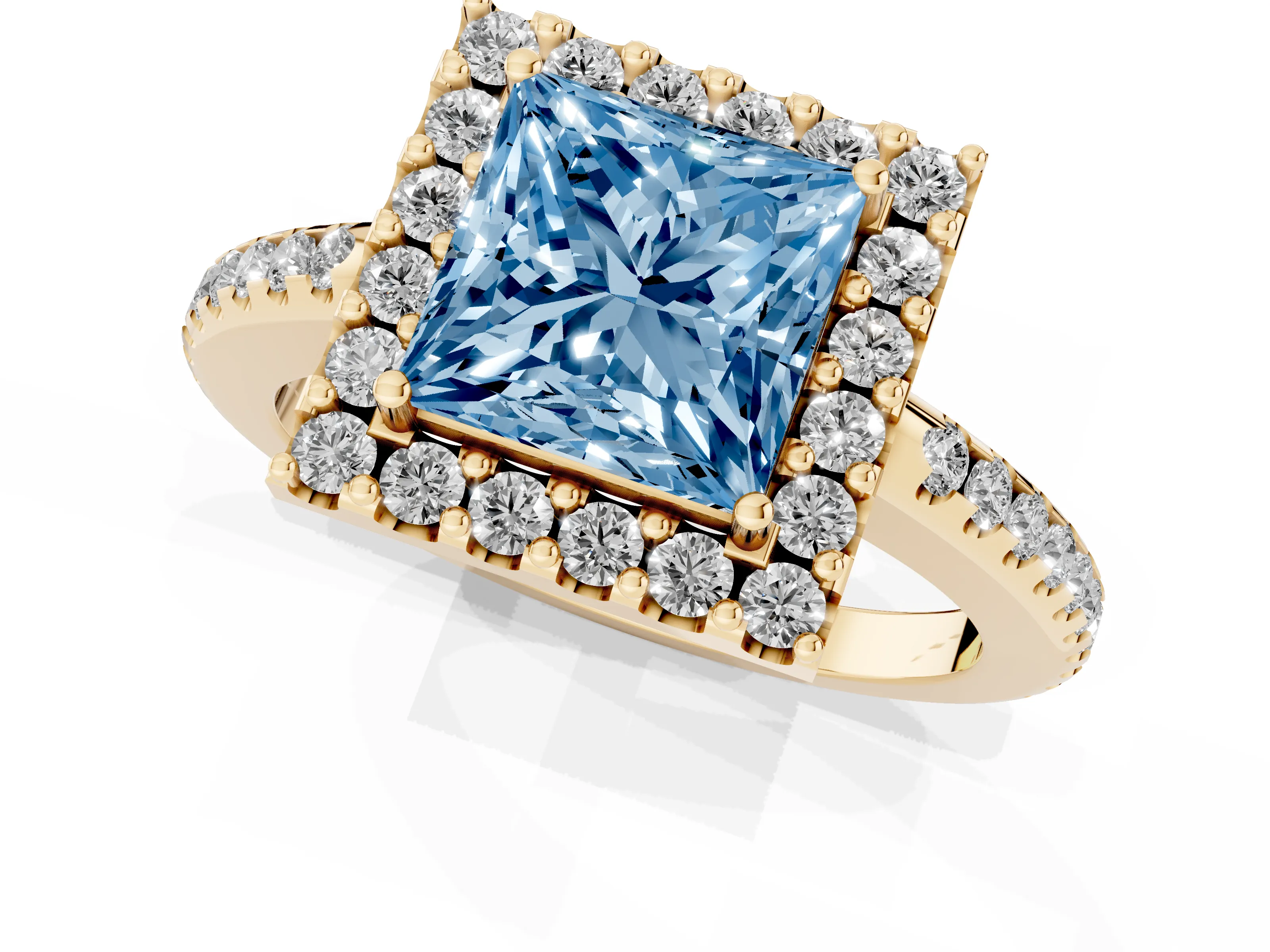 Fancy Blue Princess Cut Diamond Pavé Halo Ring Set in Yellow gold with Prong Setting