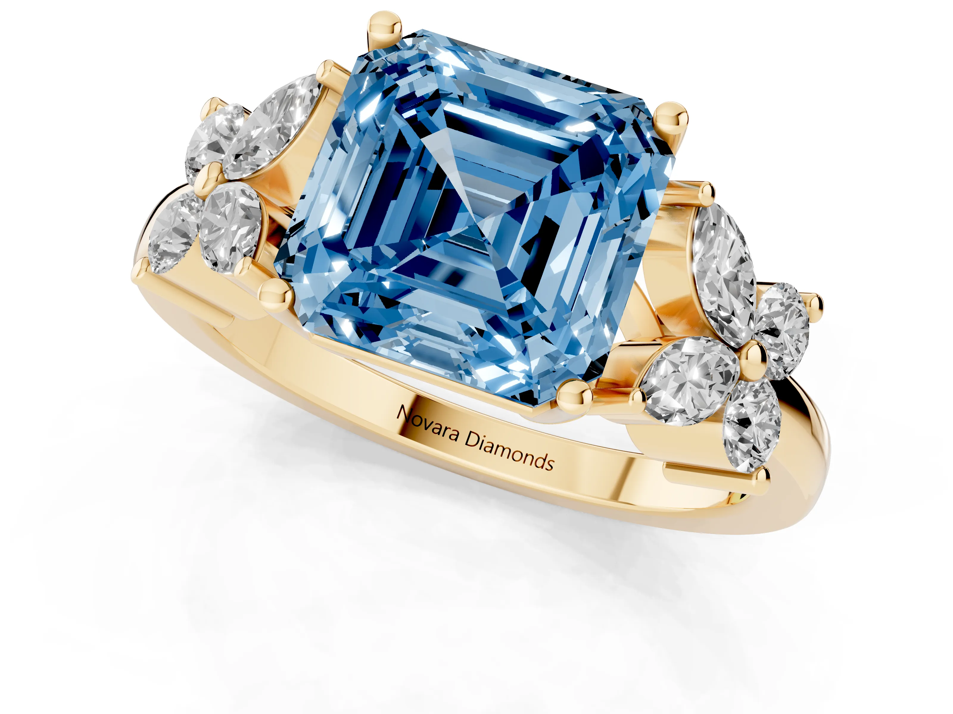 Fancy Blue Princess Cut Diamond Floral Cluster Ring Set in Yellow gold with Marquise Petals and Prong Setting