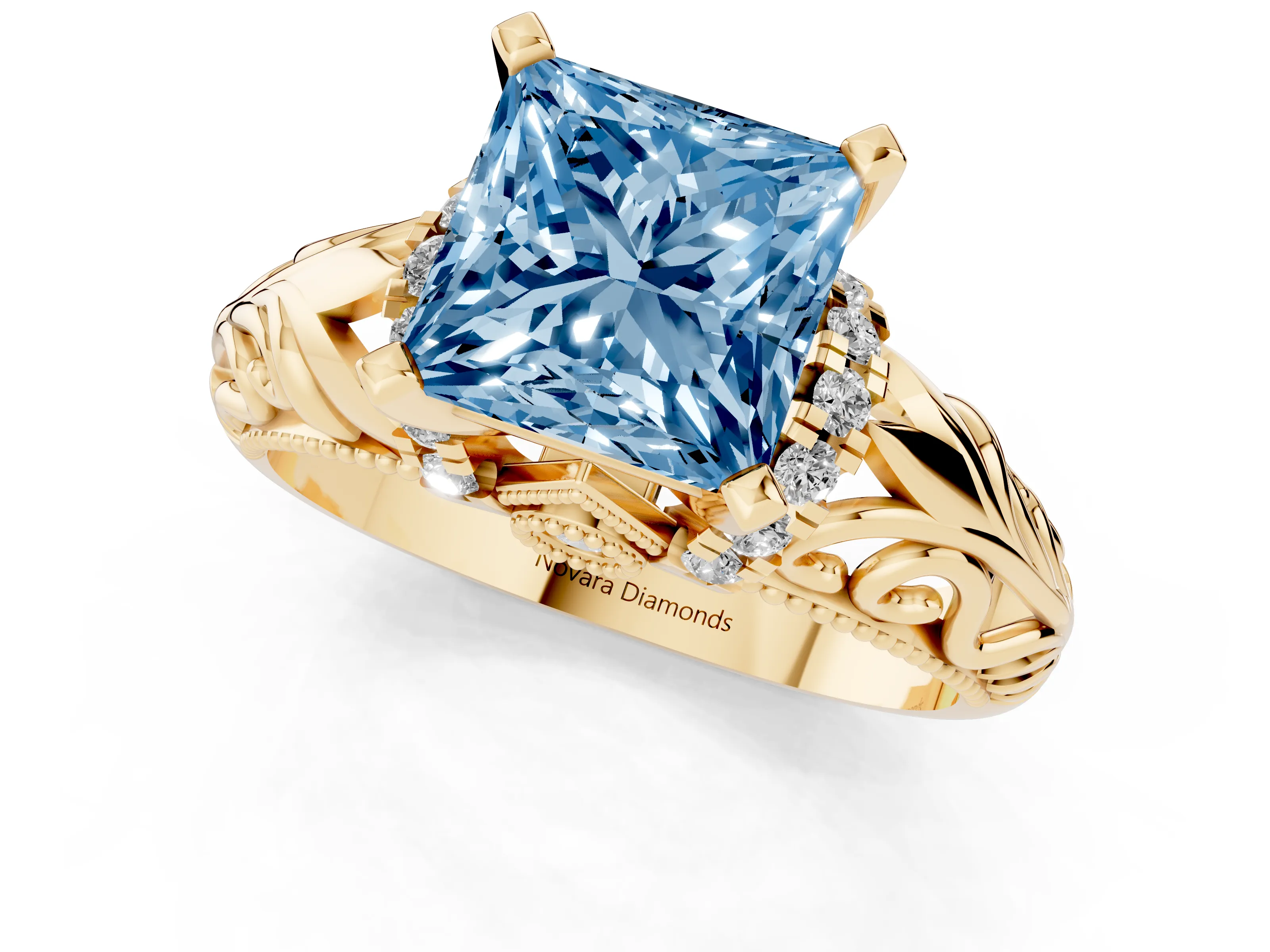 Fancy Blue Princess Cut Diamond Filigree Halo Engagement Ring Set in Yellow gold with Prong Setting