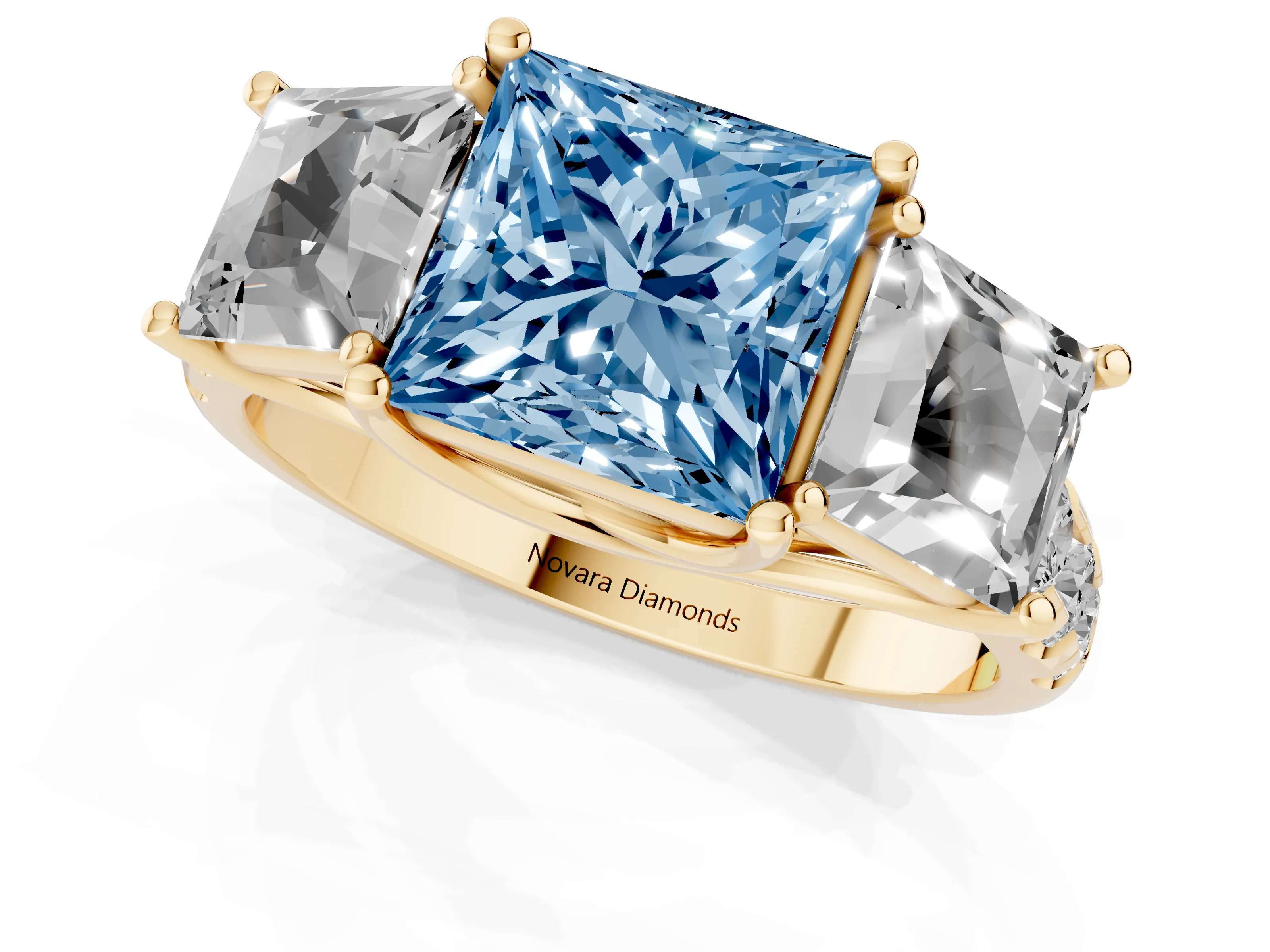 Fancy Blue Princess Cut Diamond Three-Stone Ring Set in Yellow gold with Pavé Band