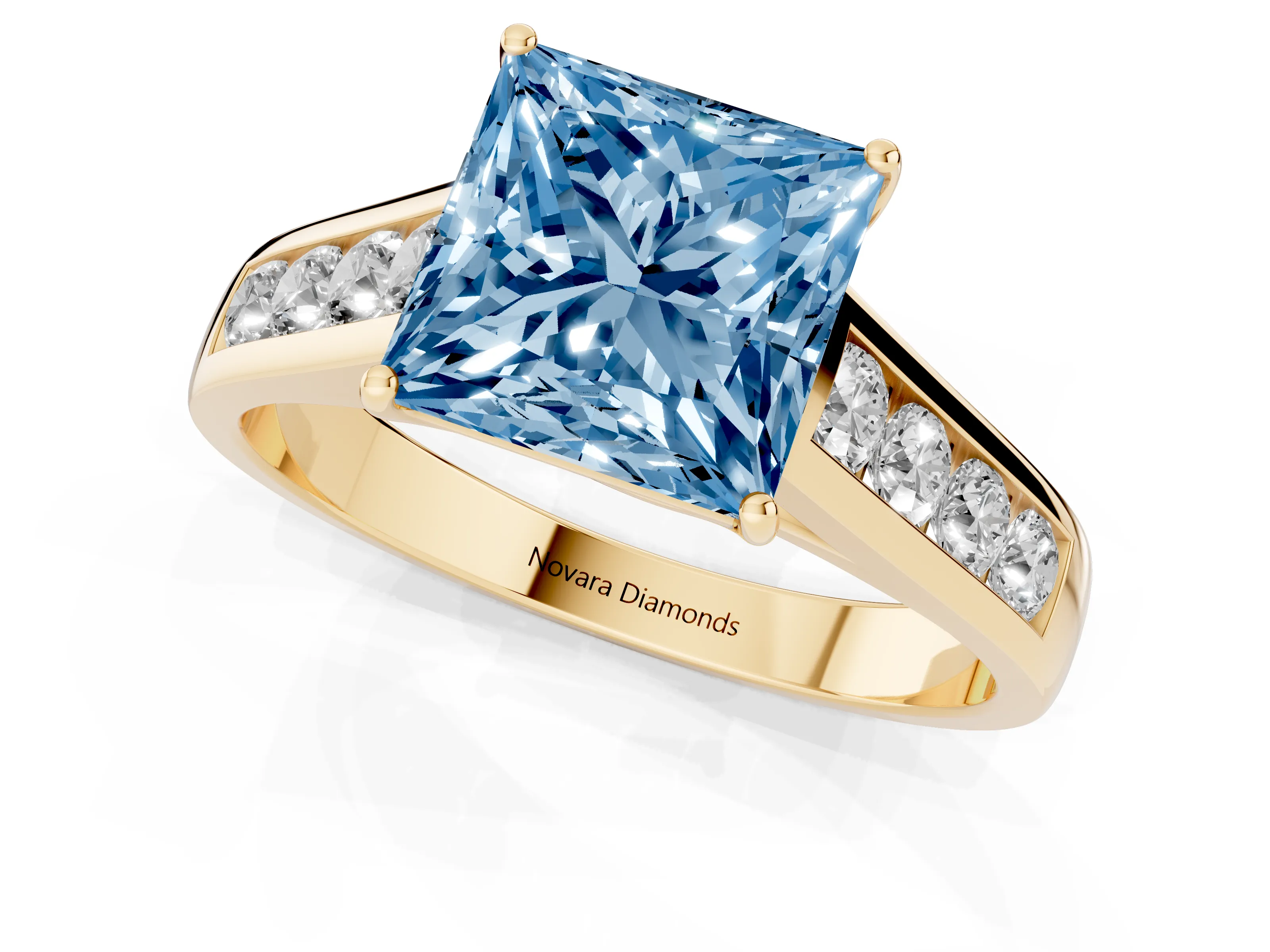 Fancy Blue Princess Cut Diamond Solitaire Channel-Set Engagement Ring Set in Yellow gold with Prong Setting