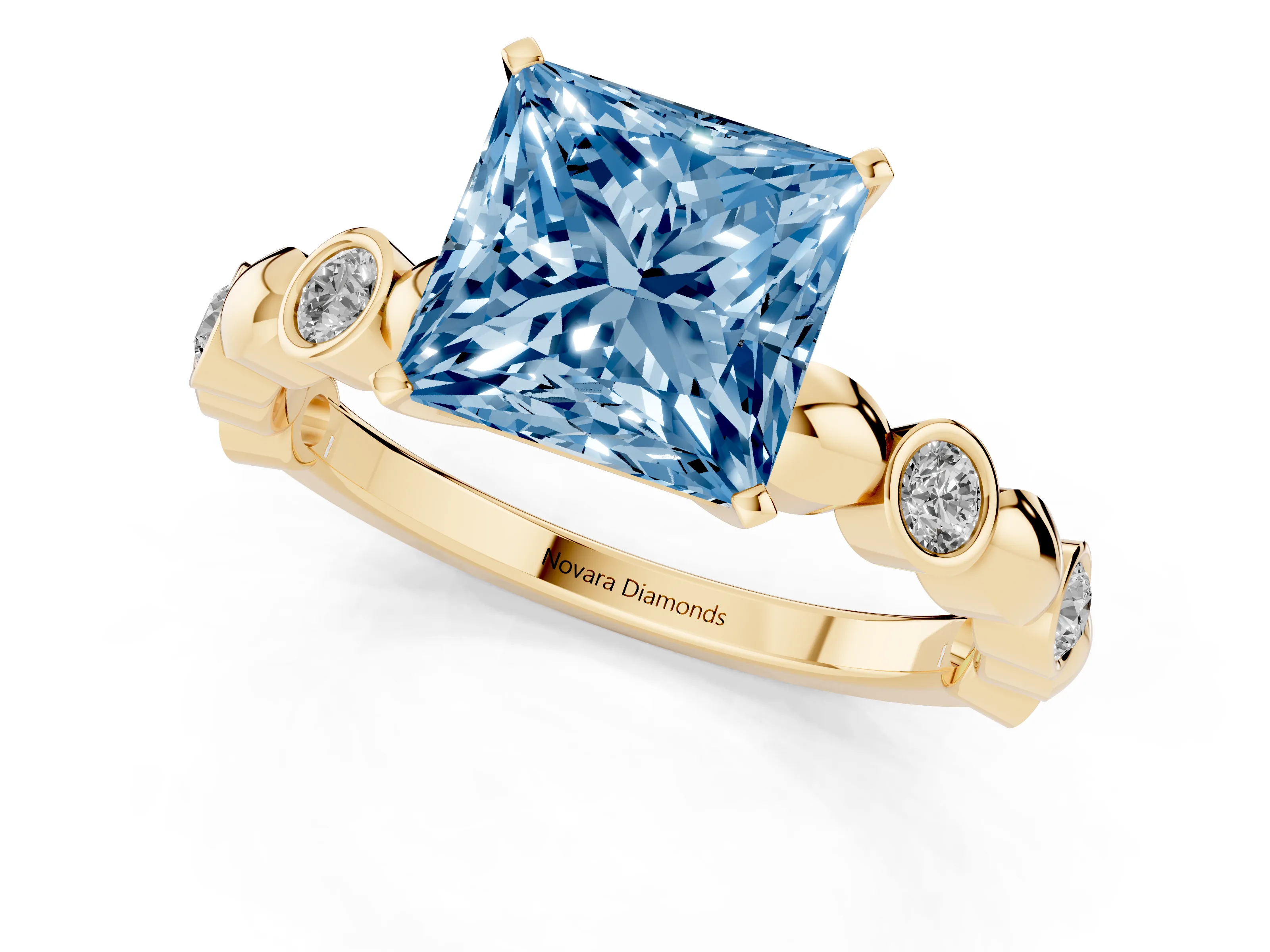 Fancy Blue Princess Cut Diamond Solitaire Ring Set in Yellow gold with Bezel-Set Accents on Beaded Band and Prong Setting