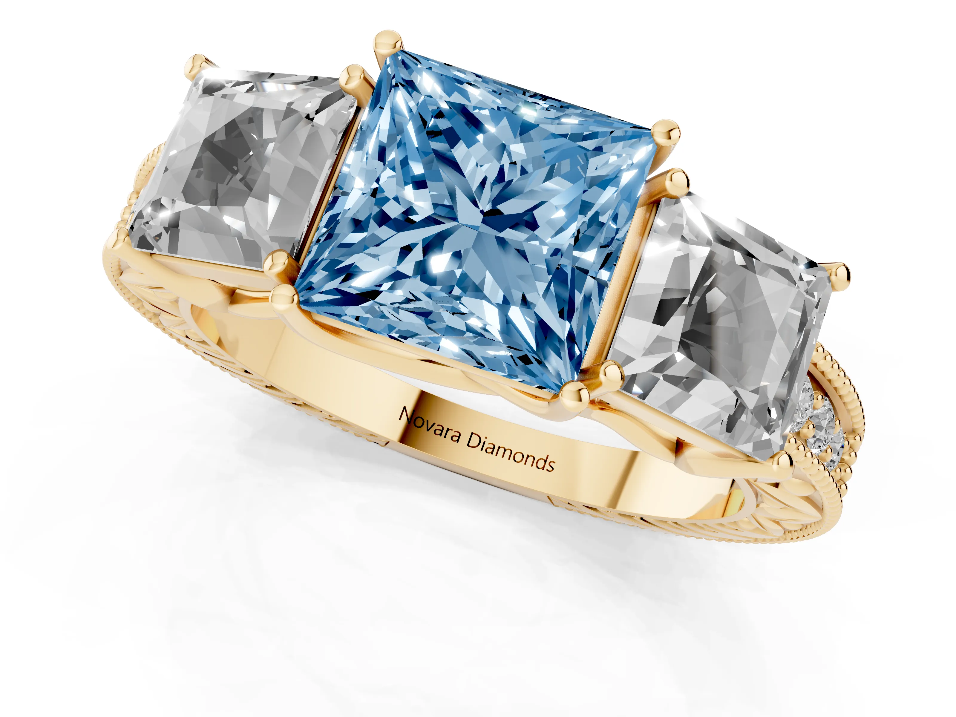 Fancy Blue Princess Cut Diamond Three-Stone Engagement Ring Set in Yellow gold with Milgrain Pavé Band – second view