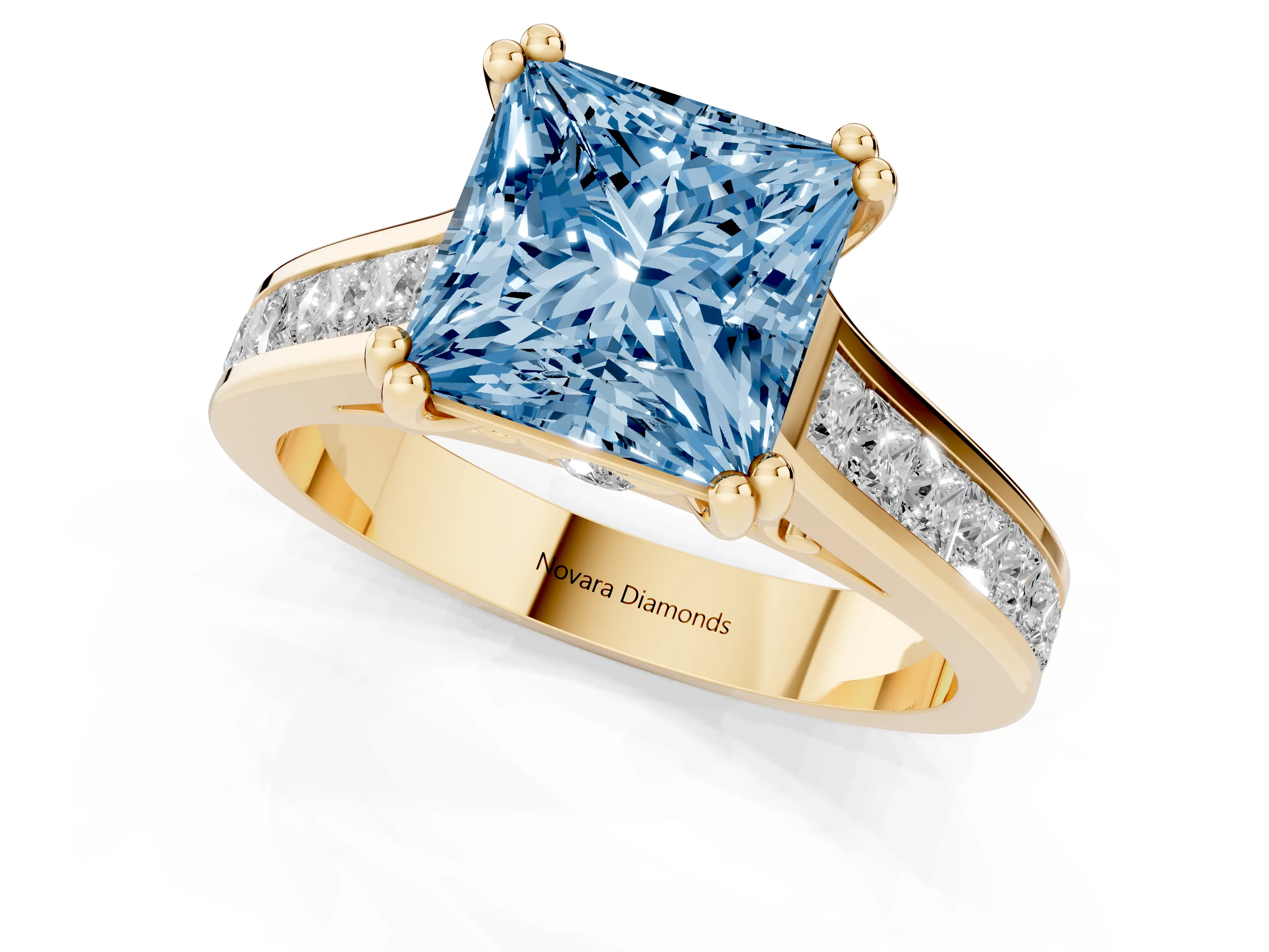 Fancy Blue Princess Cut Diamond Channel Set Solitaire Engagement Ring Set in Yellow gold with Prong Setting – second view