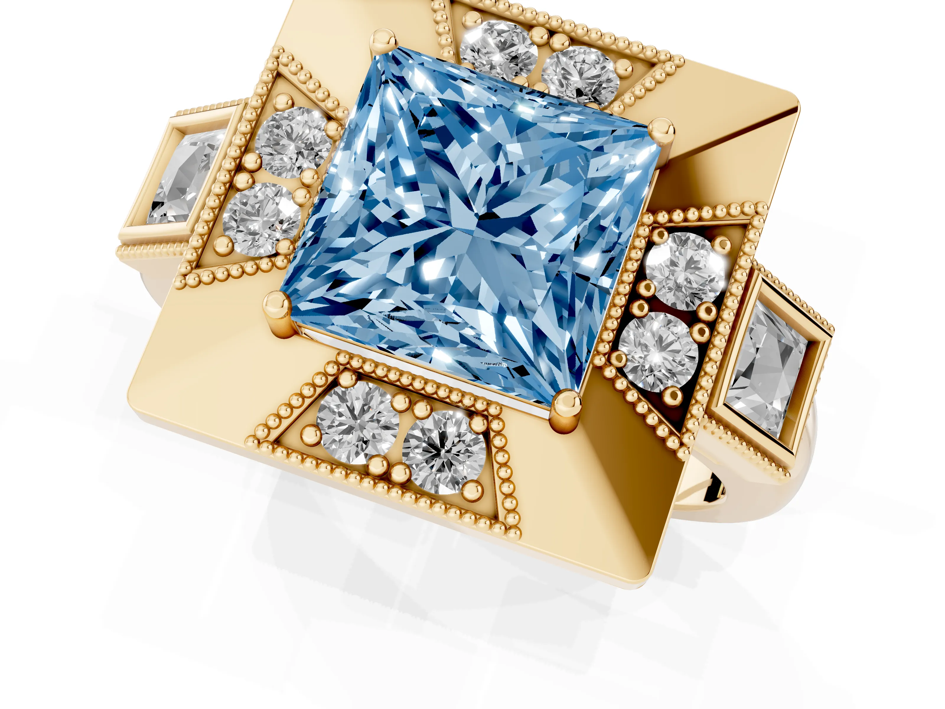 Fancy Blue Princess Cut Diamond Milgrain Halo Ring Set in Yellow gold with Split Shank