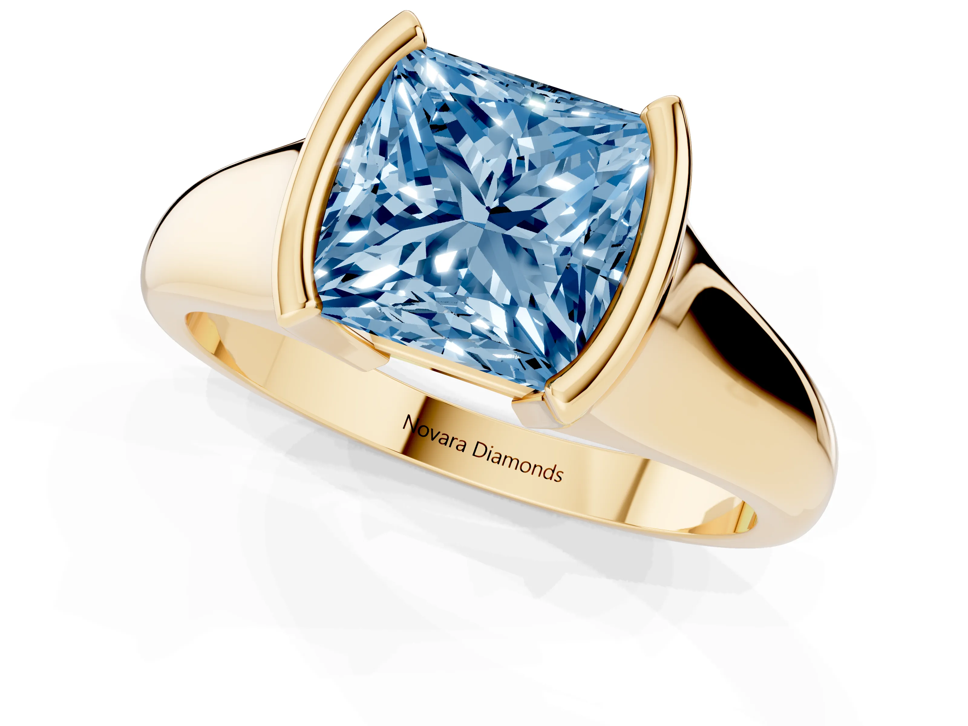 Fancy Blue Princess Cut Diamond Solitaire Tension Set Ring Set in Yellow gold with Split Shank Band
