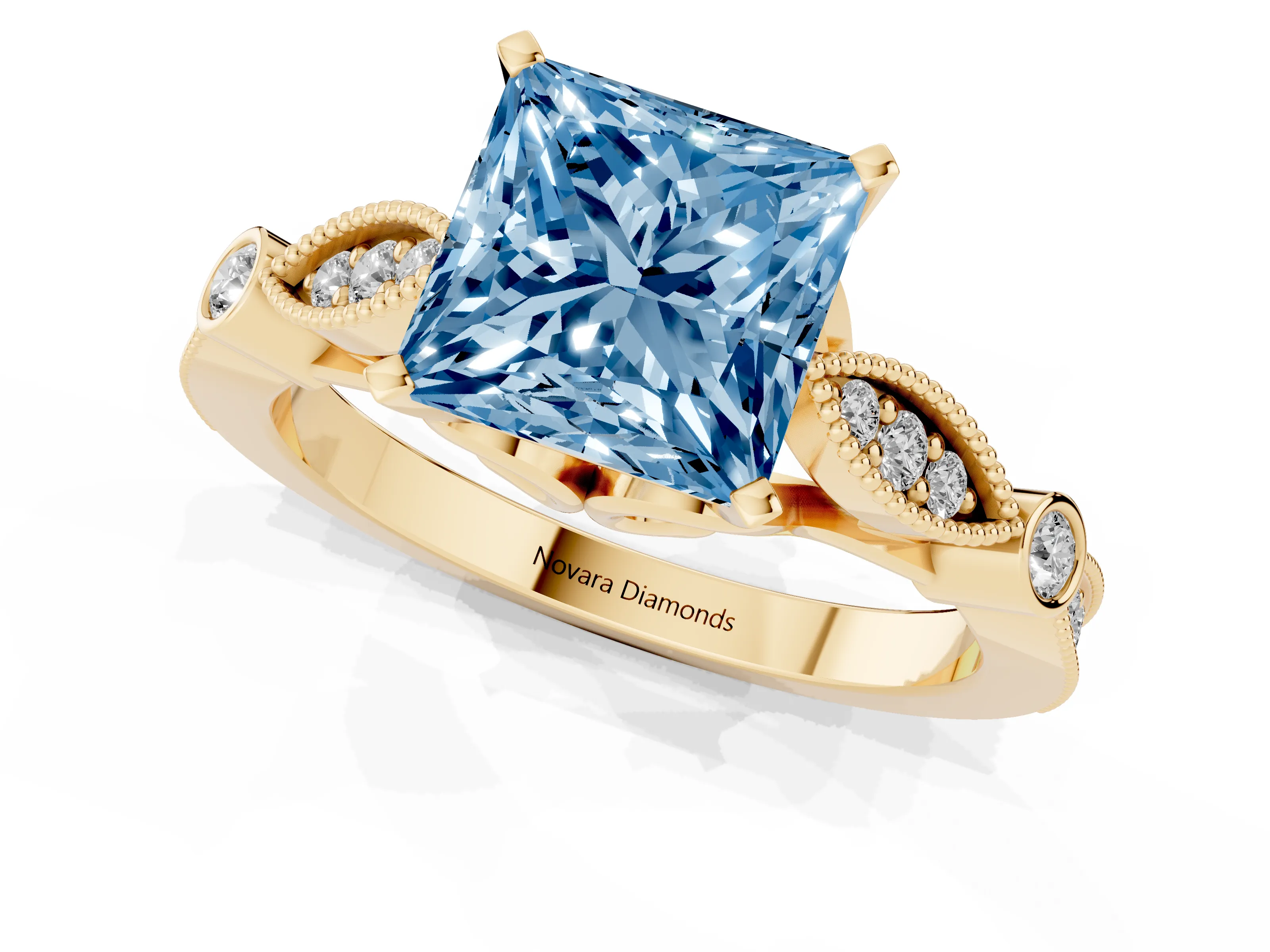 Fancy Blue Princess Cut Diamond Solitaire Ring Set in Yellow gold with Milgrain Marquise and Bezel Accents