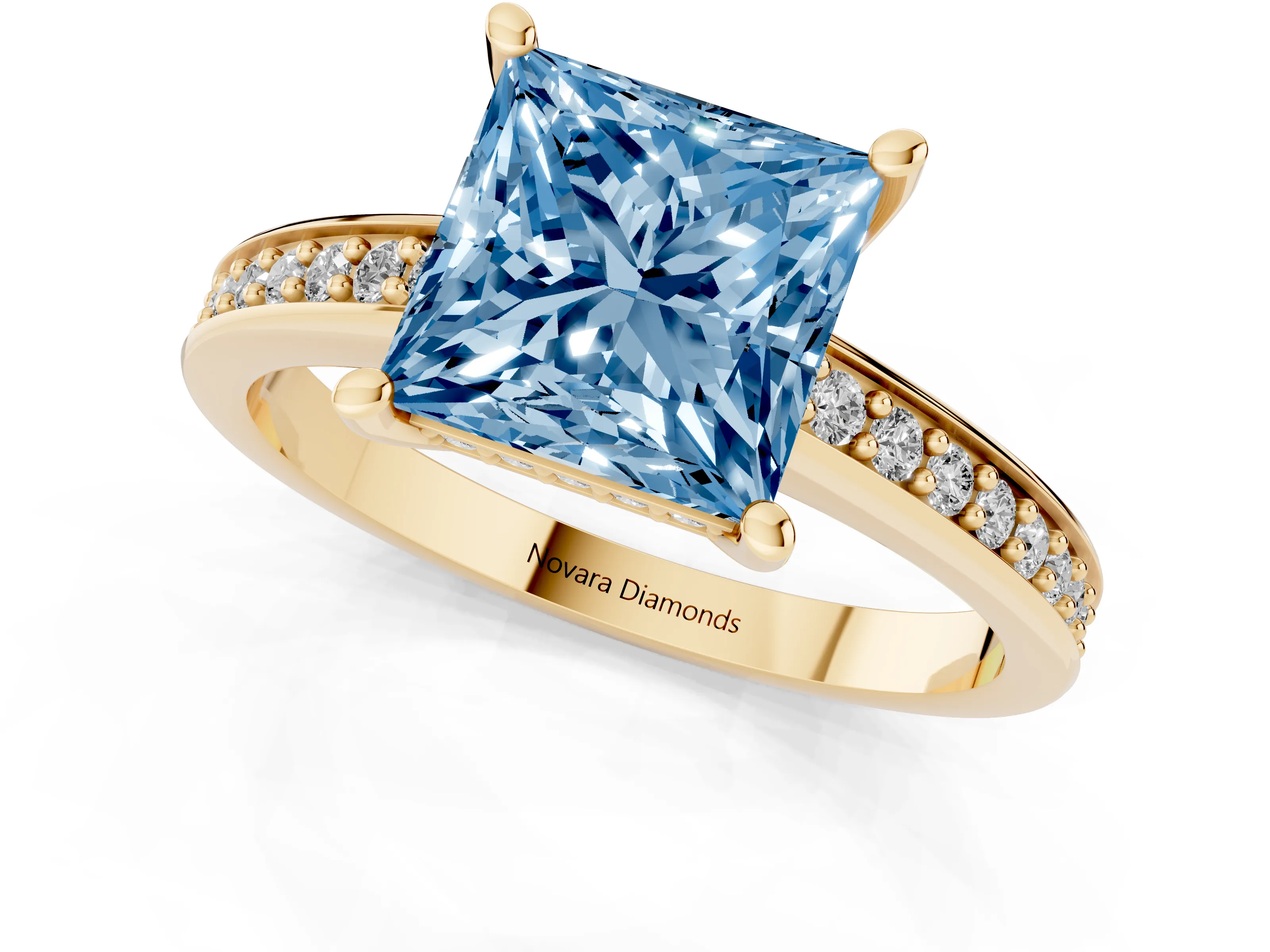Fancy Blue Princess Cut Diamond Pavé Band Prong Set Solitaire Ring Set in Yellow gold
