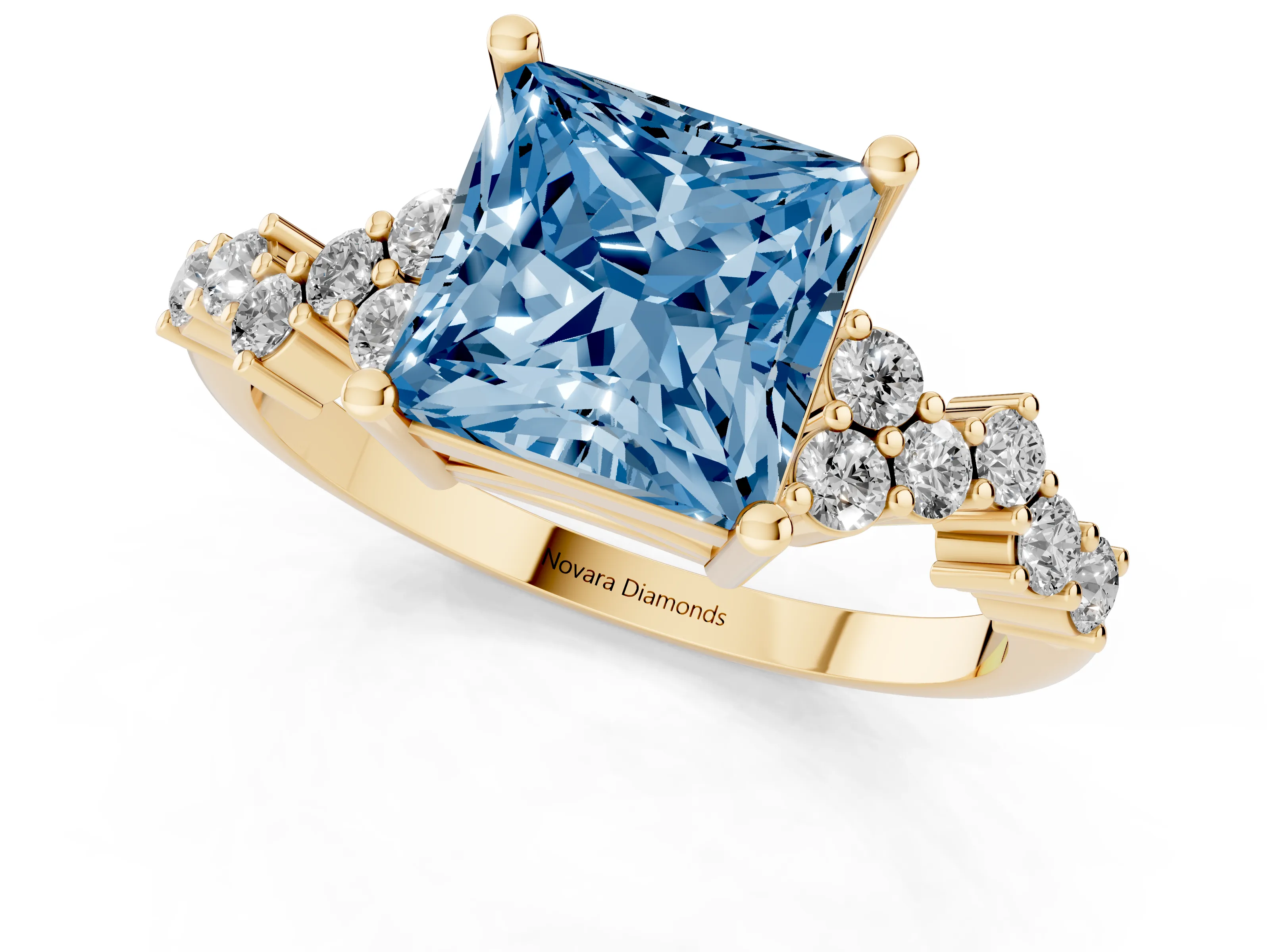 Fancy Blue Princess Cut Diamond Ring Set in Yellow gold with Scattered Round Accents