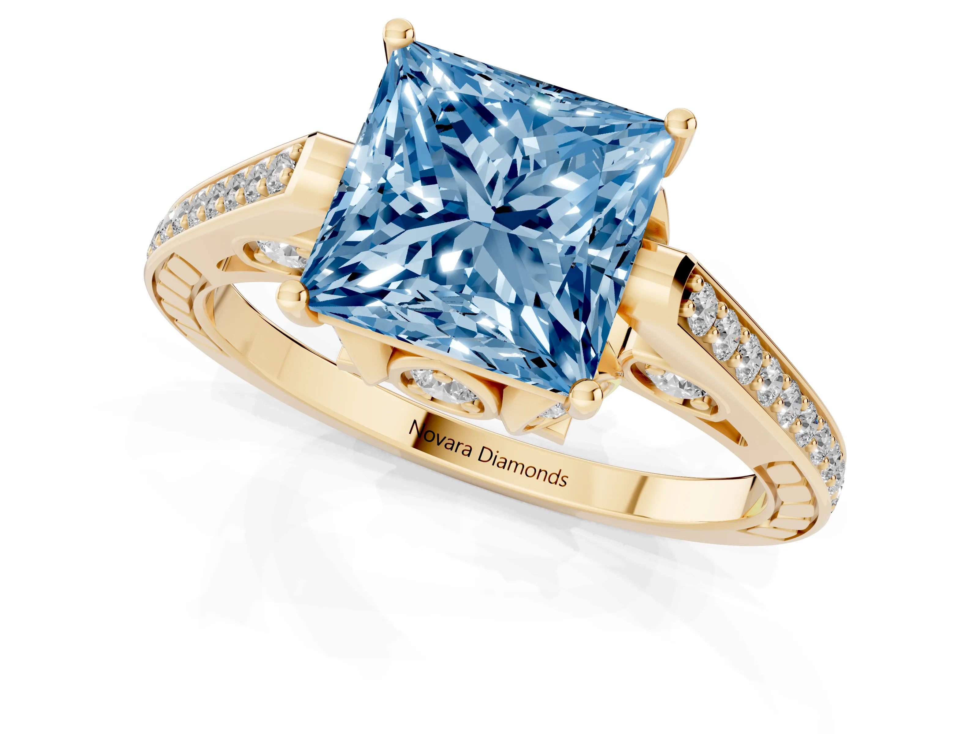 Fancy Blue Princess Cut Diamond Cathedral Pavé Engagement Ring Set in Yellow gold with Prong Setting