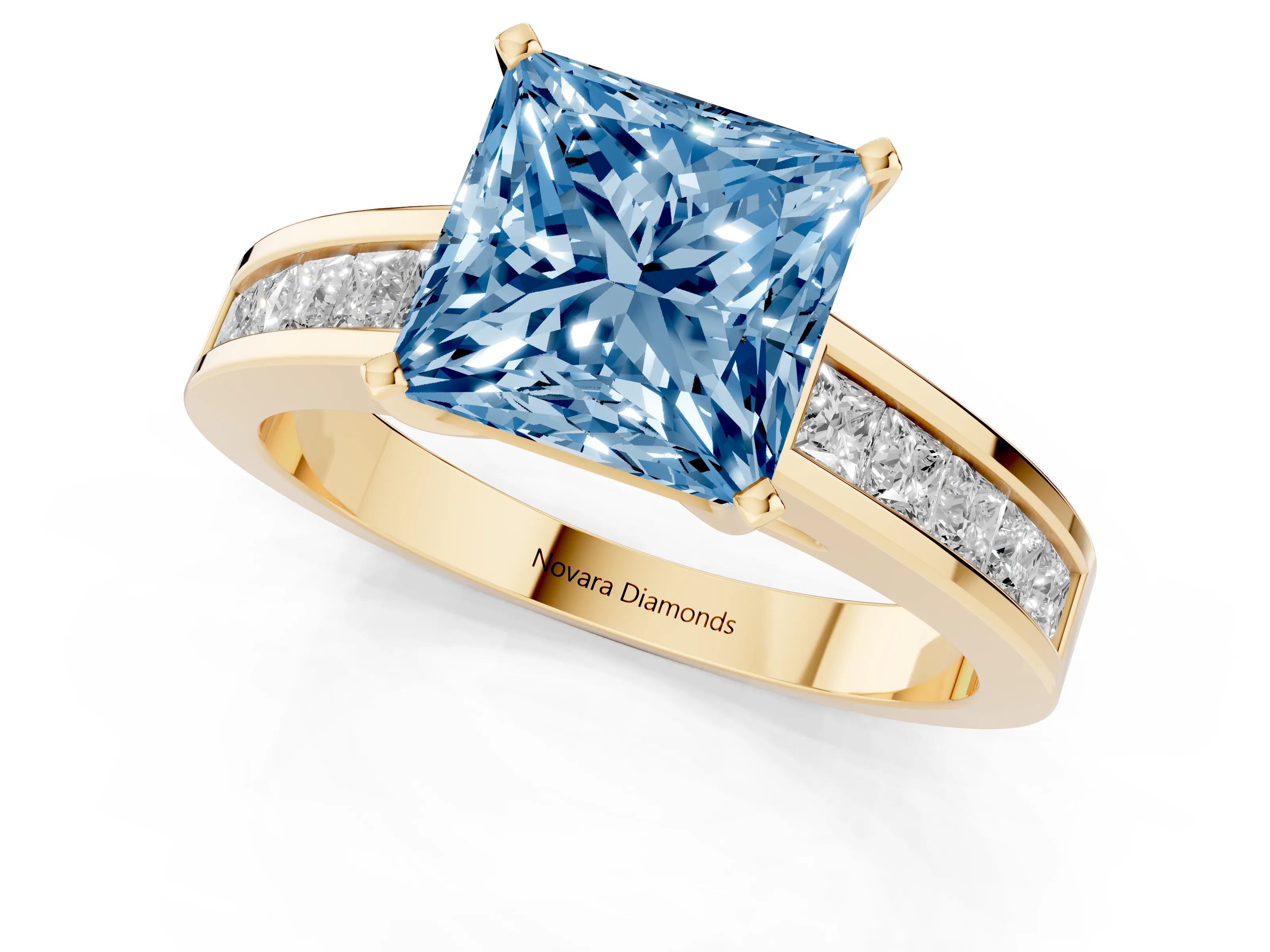 Fancy Blue Princess Cut Diamond Solitaire Ring Set in Yellow gold with Channel-Set Band and Prong Setting
