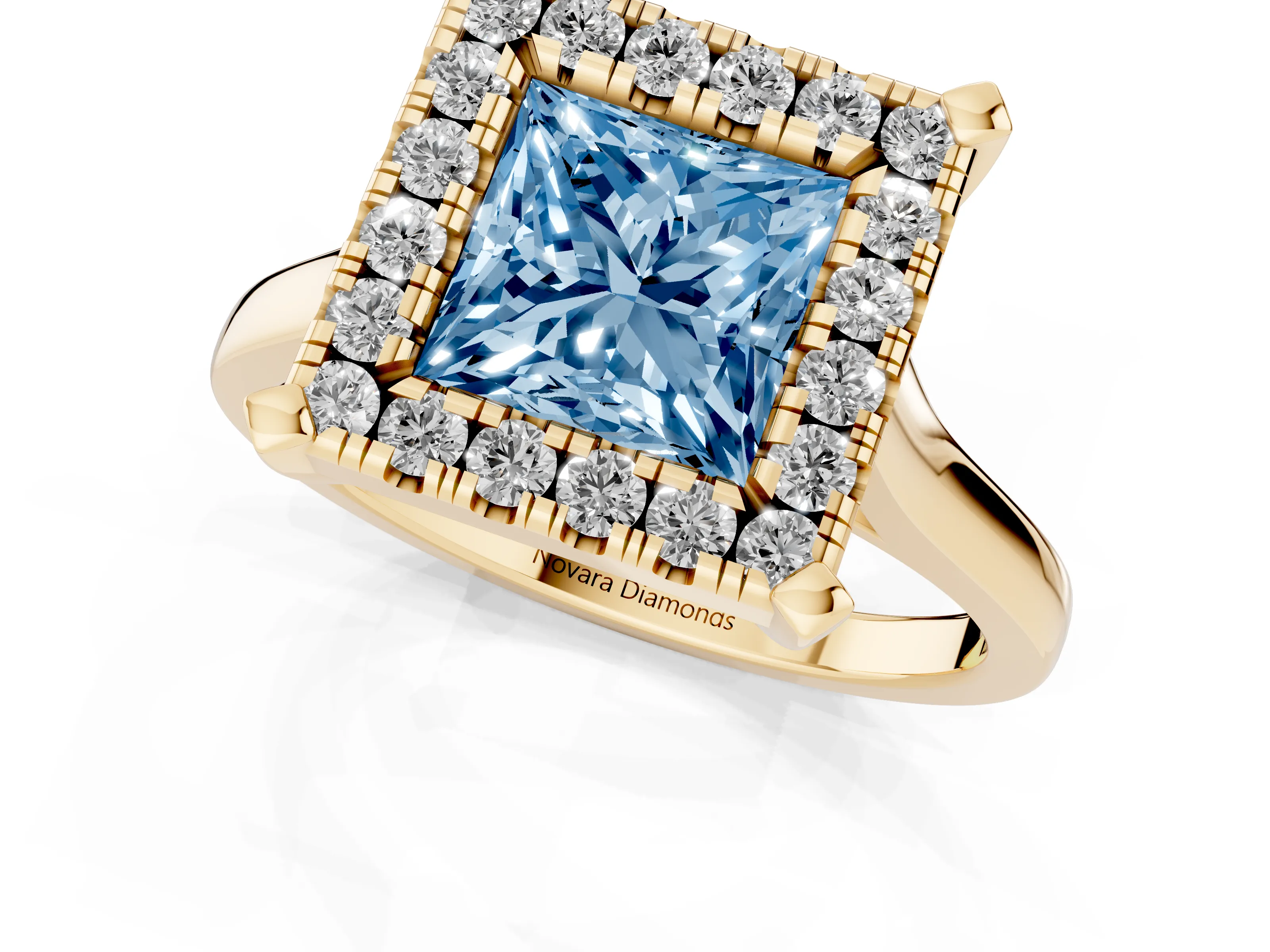 Fancy Blue Princess Cut Diamond Cluster Halo Solitaire Ring Set in Yellow gold with Prong Setting