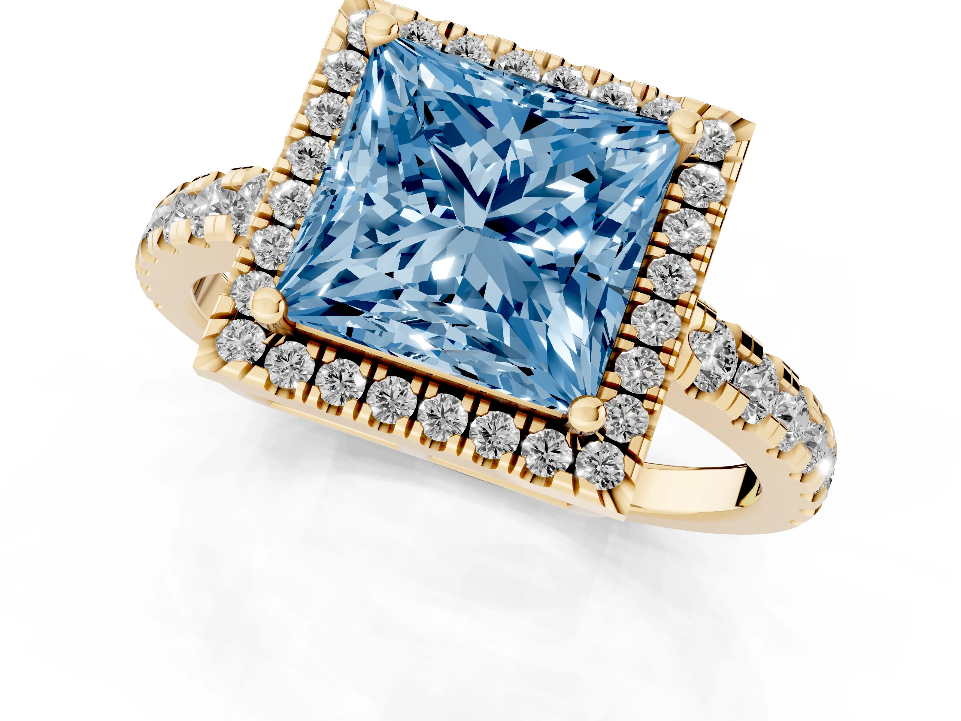 Fancy Blue Princess Cut Diamond Halo Ring Set in Yellow gold with Delicate Pavé Band and Prong Setting