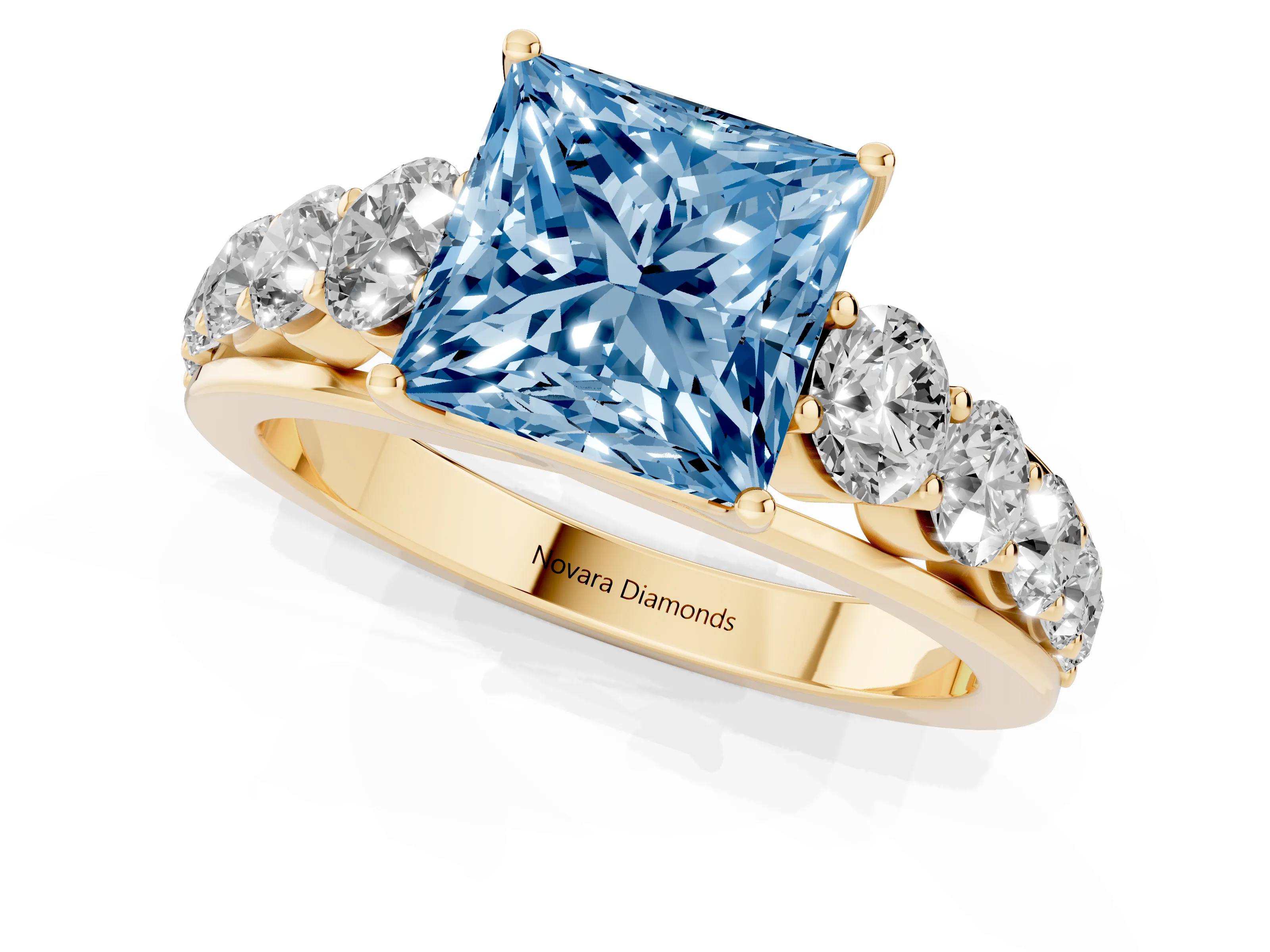 Fancy Blue Princess Cut Diamond Solitaire Ring Set in Yellow gold with Pavé-Set Band and Prong Setting