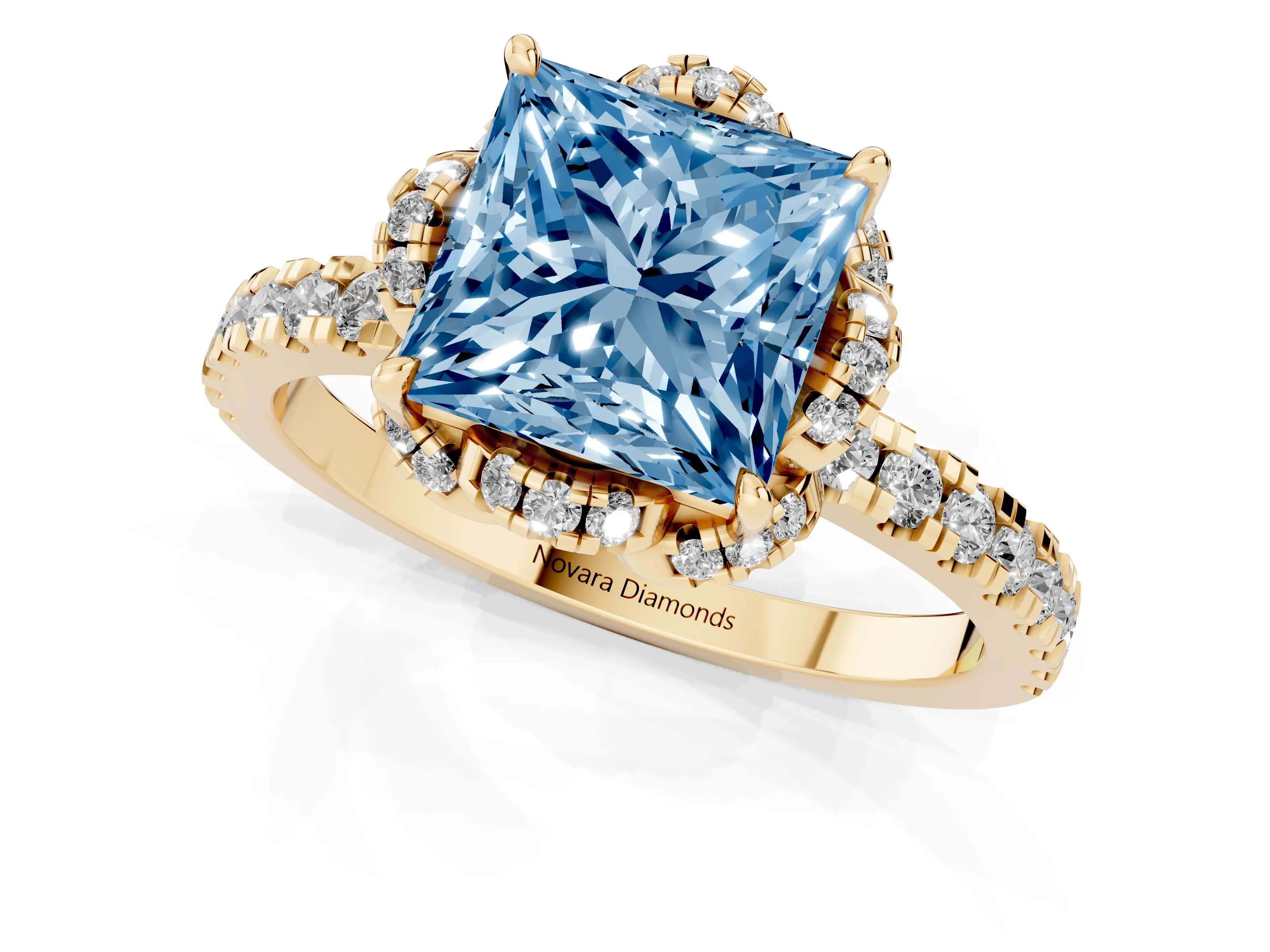 Fancy Blue Princess Cut Diamond Halo Pavé Band Ring Set in Yellow gold with Prong-Held Center