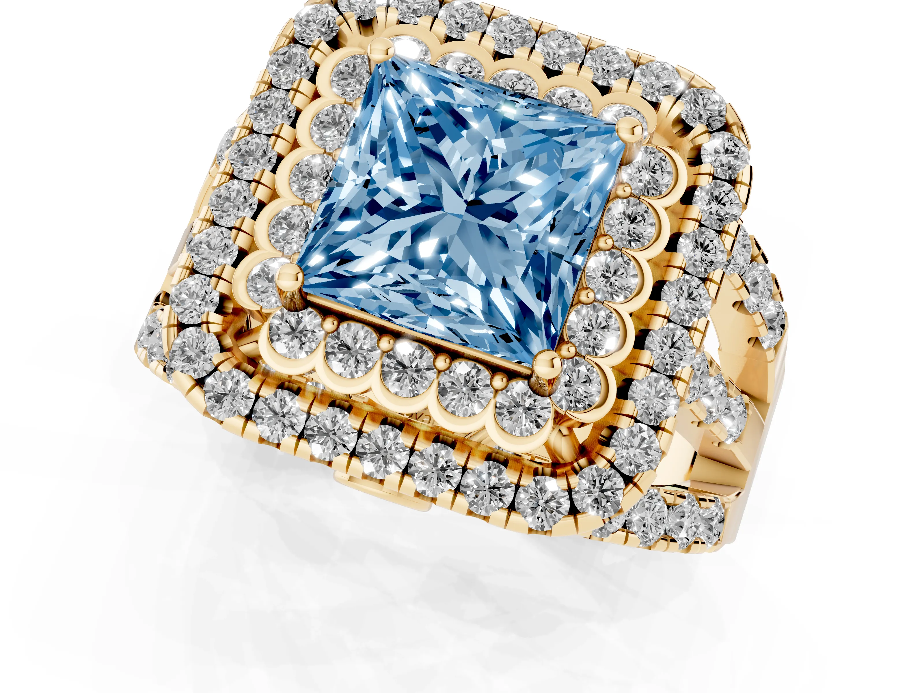Fancy Blue Princess Cut Diamond Double Halo Ring Set in Yellow gold with Round Pavé Split Shank