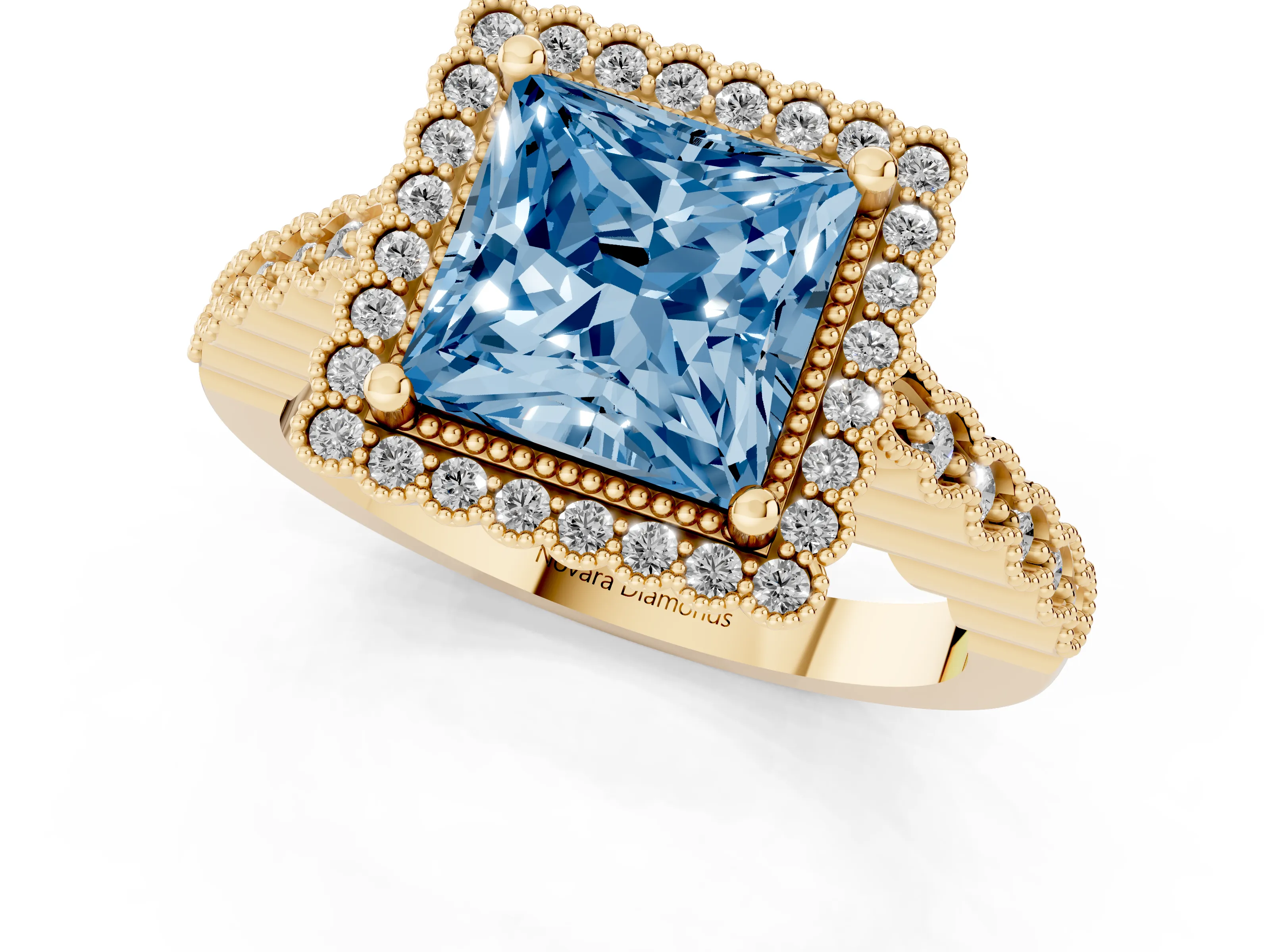 Fancy Blue Princess Cut Diamond Halo Ring Set in Yellow gold with Pavé Milgrain Band