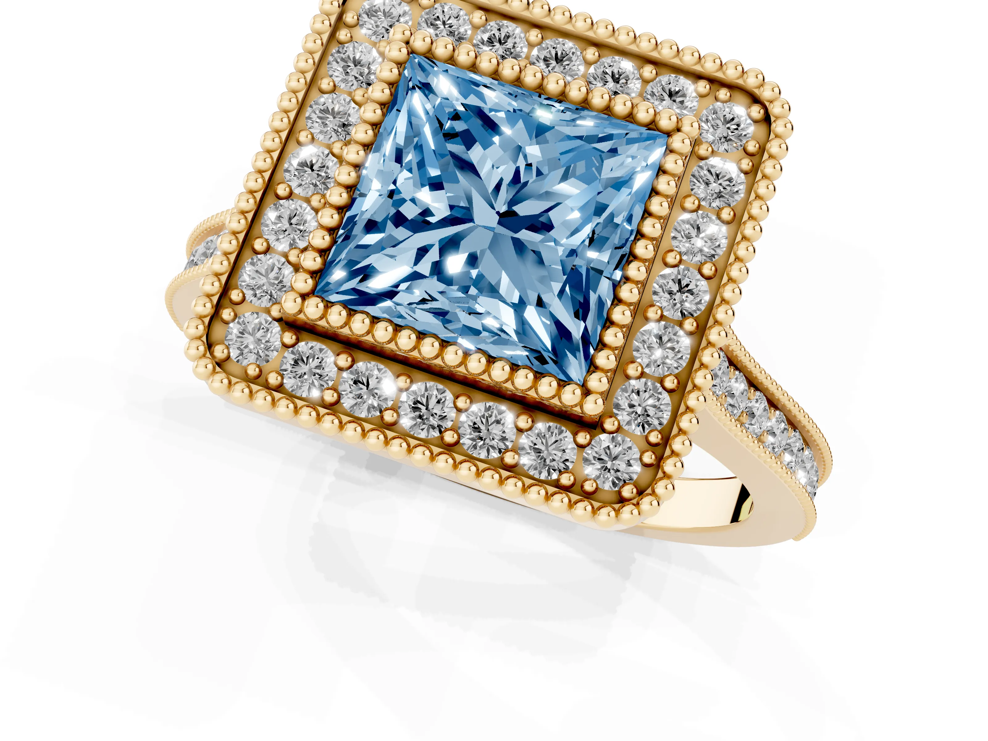 Fancy Blue Princess Cut Diamond Halo Ring Set in Yellow gold with Milgrain Frame and Pavé Band