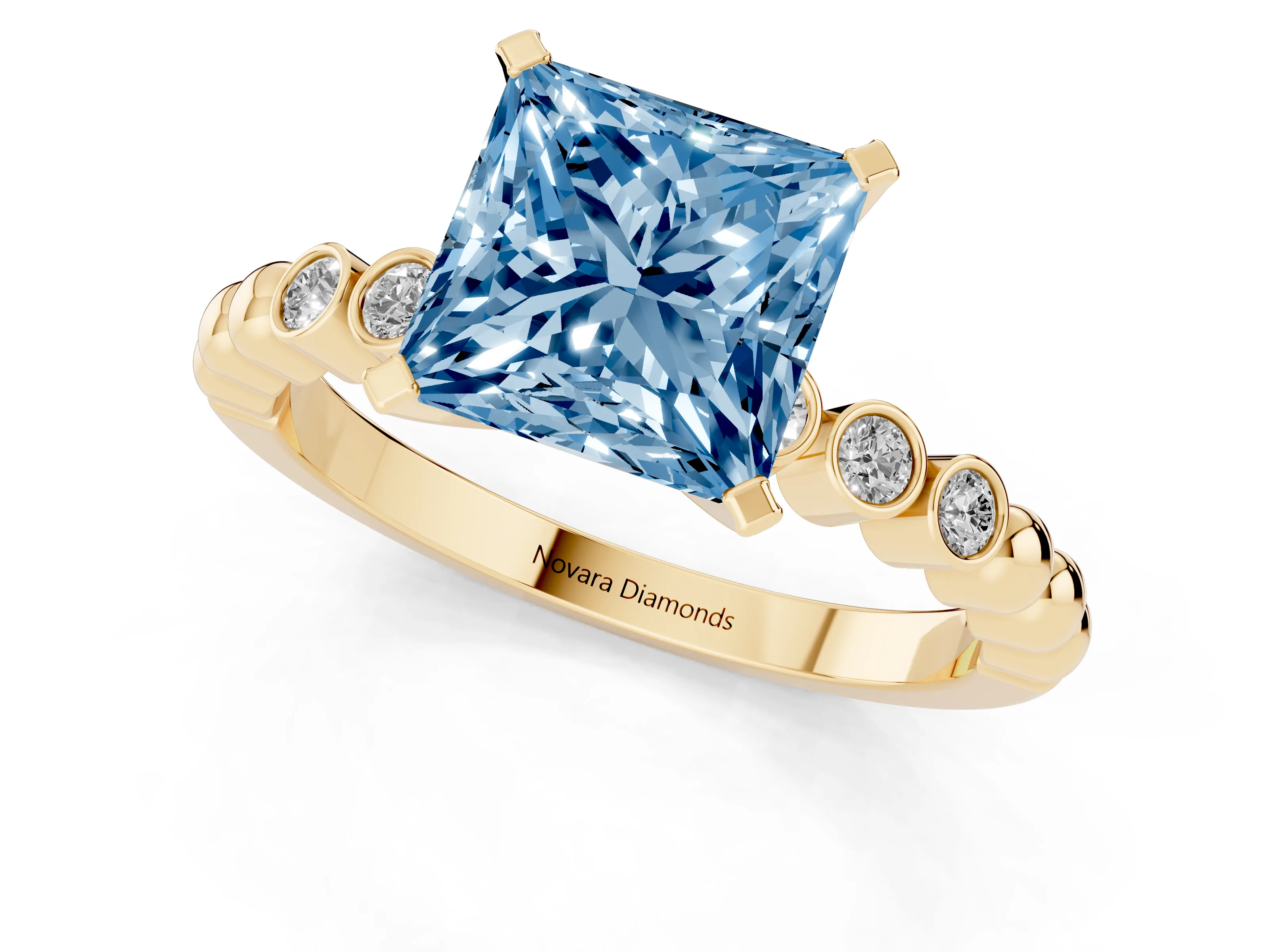 Fancy Blue Princess Cut Diamond Solitaire Engagement Ring Set in Yellow gold with Bezel Accents on Beaded Band – second view