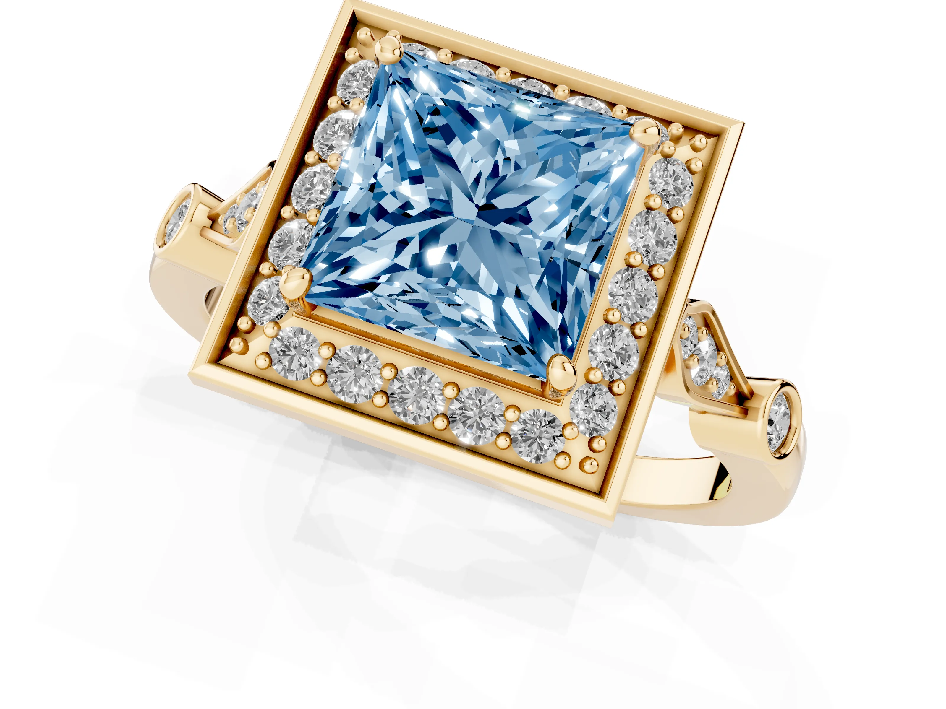 Fancy Blue Princess Cut Diamond Halo Engagement Ring Set in Yellow gold with Twisted Band and Prong Setting