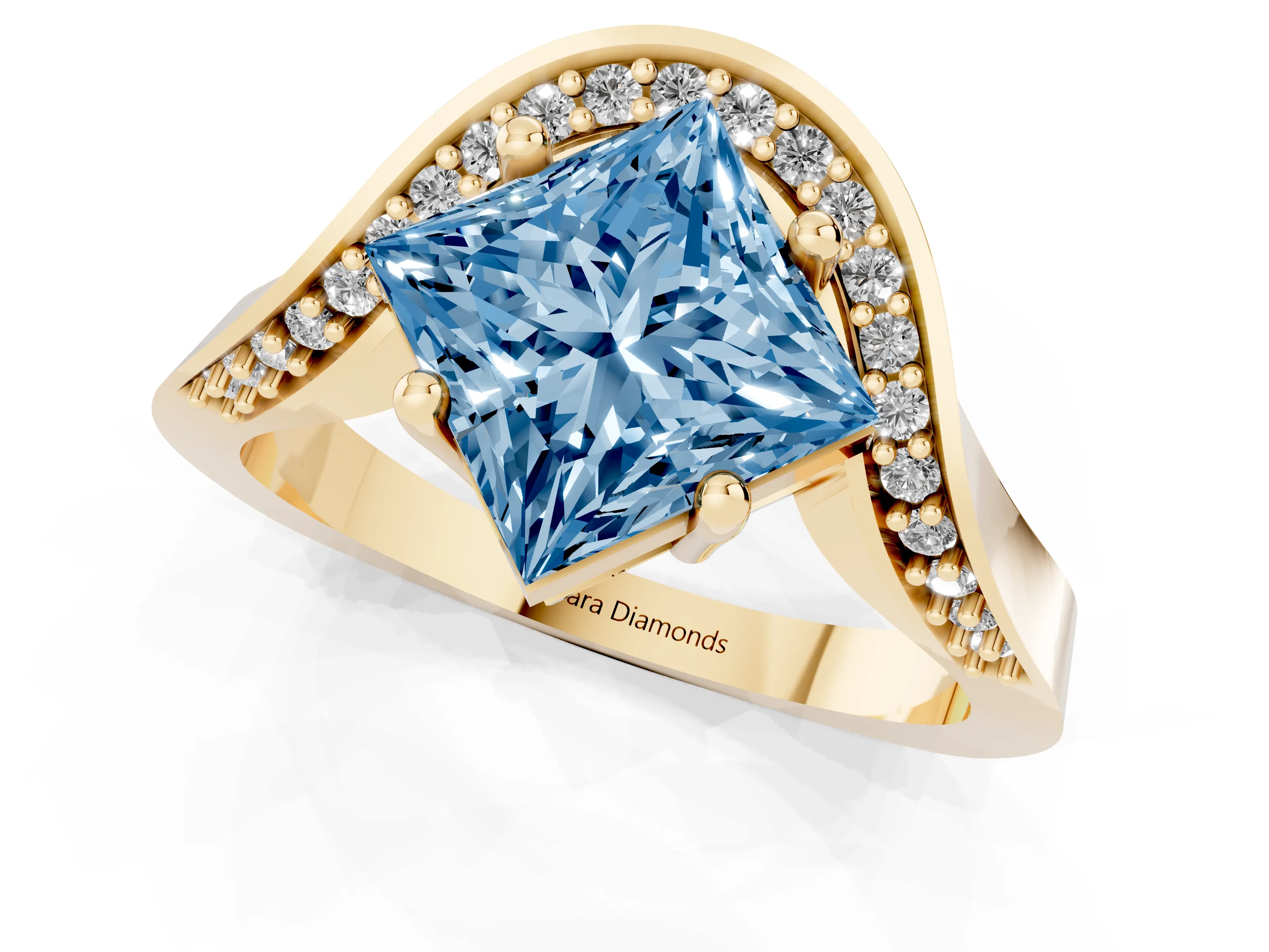 Fancy Blue Princess Cut Diamond Solitaire Engagement Ring Set in Yellow gold with Pavé Shoulders
