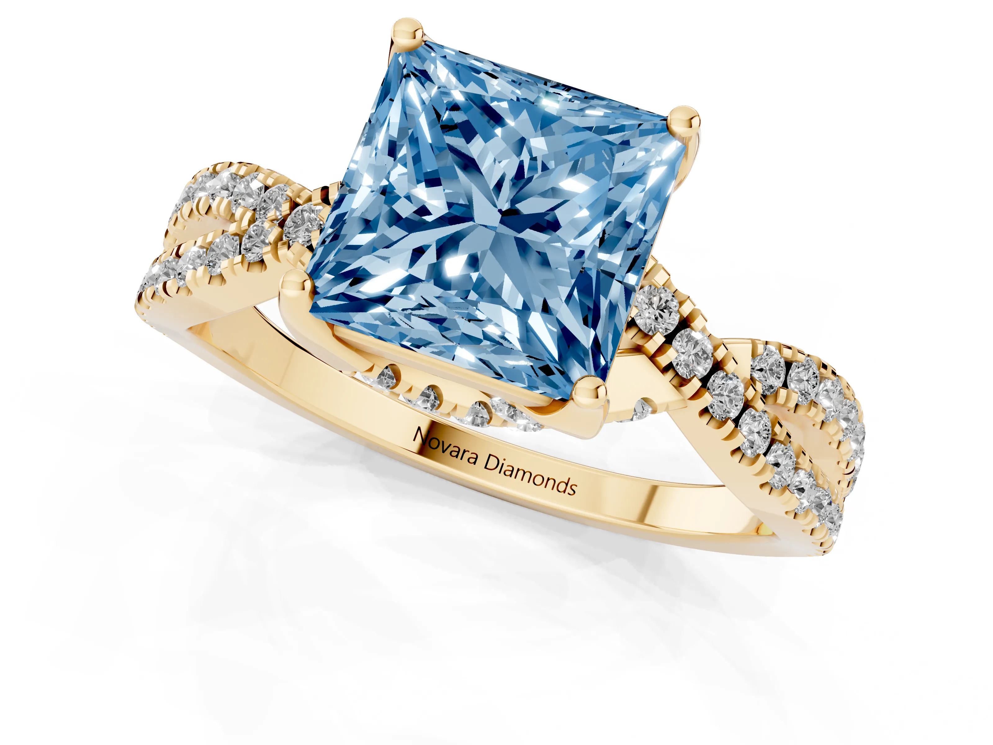 Fancy Blue Princess Cut Diamond Twist Pavé Solitaire Engagement Ring Set in Yellow gold with Prong Setting
