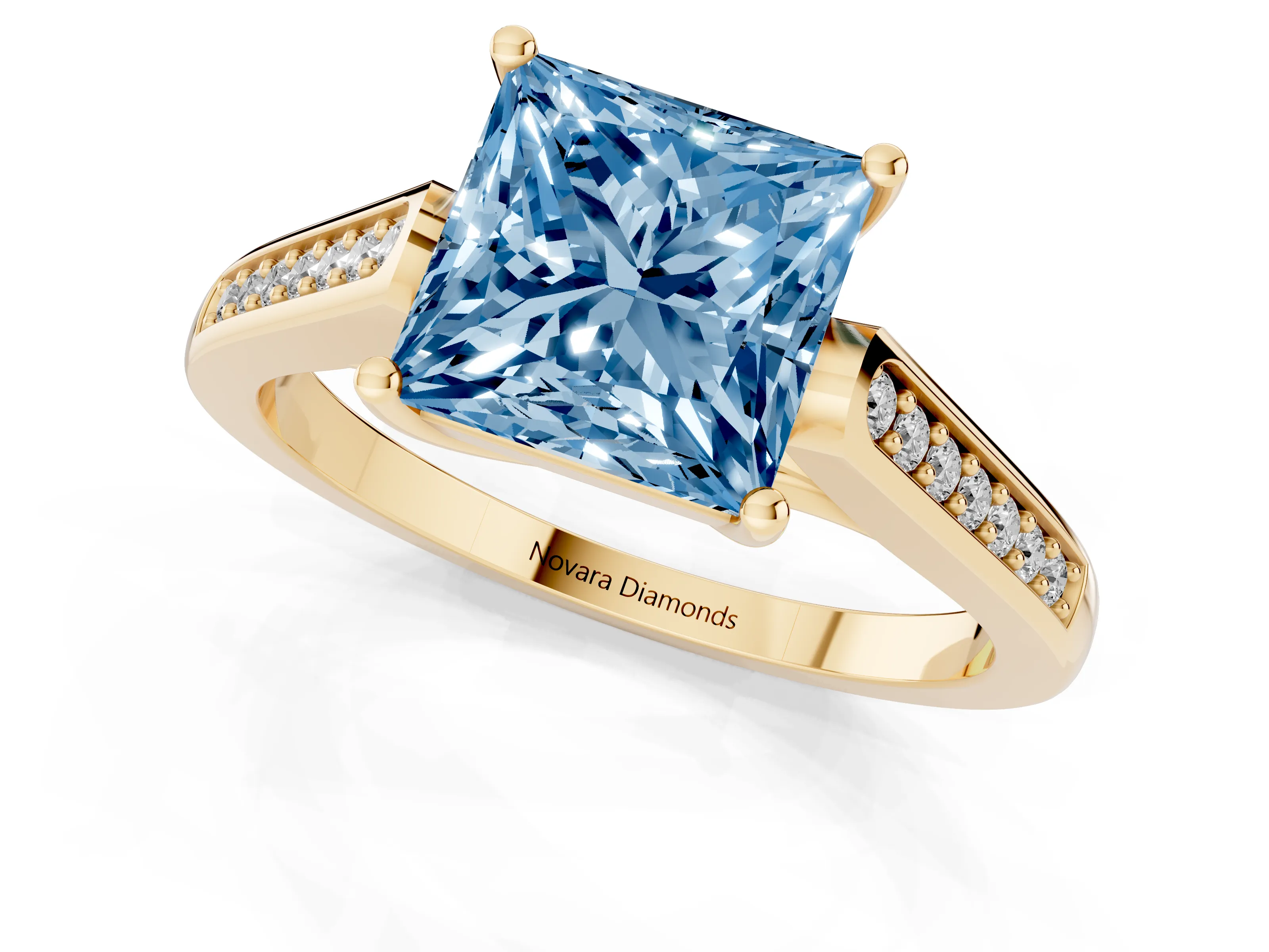 Fancy Blue Princess Cut Diamond Solitaire Cathedral Engagement Ring Set in Yellow gold with Channel-Set Band and Prong Setting