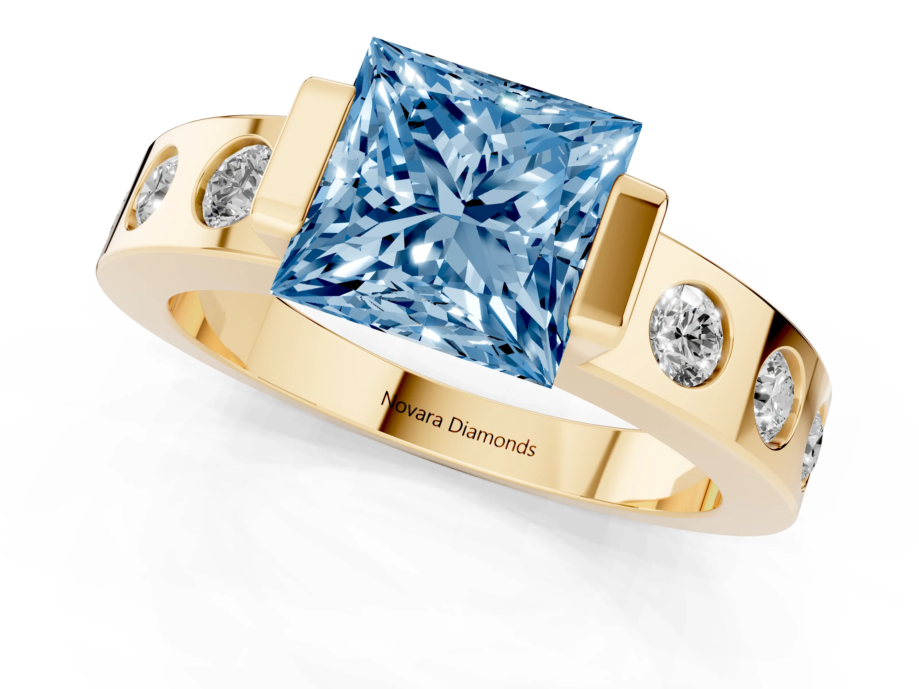 Fancy Blue Princess Cut Diamond Channel-Set Band Ring Set in Yellow gold with Bezel Prong Setting