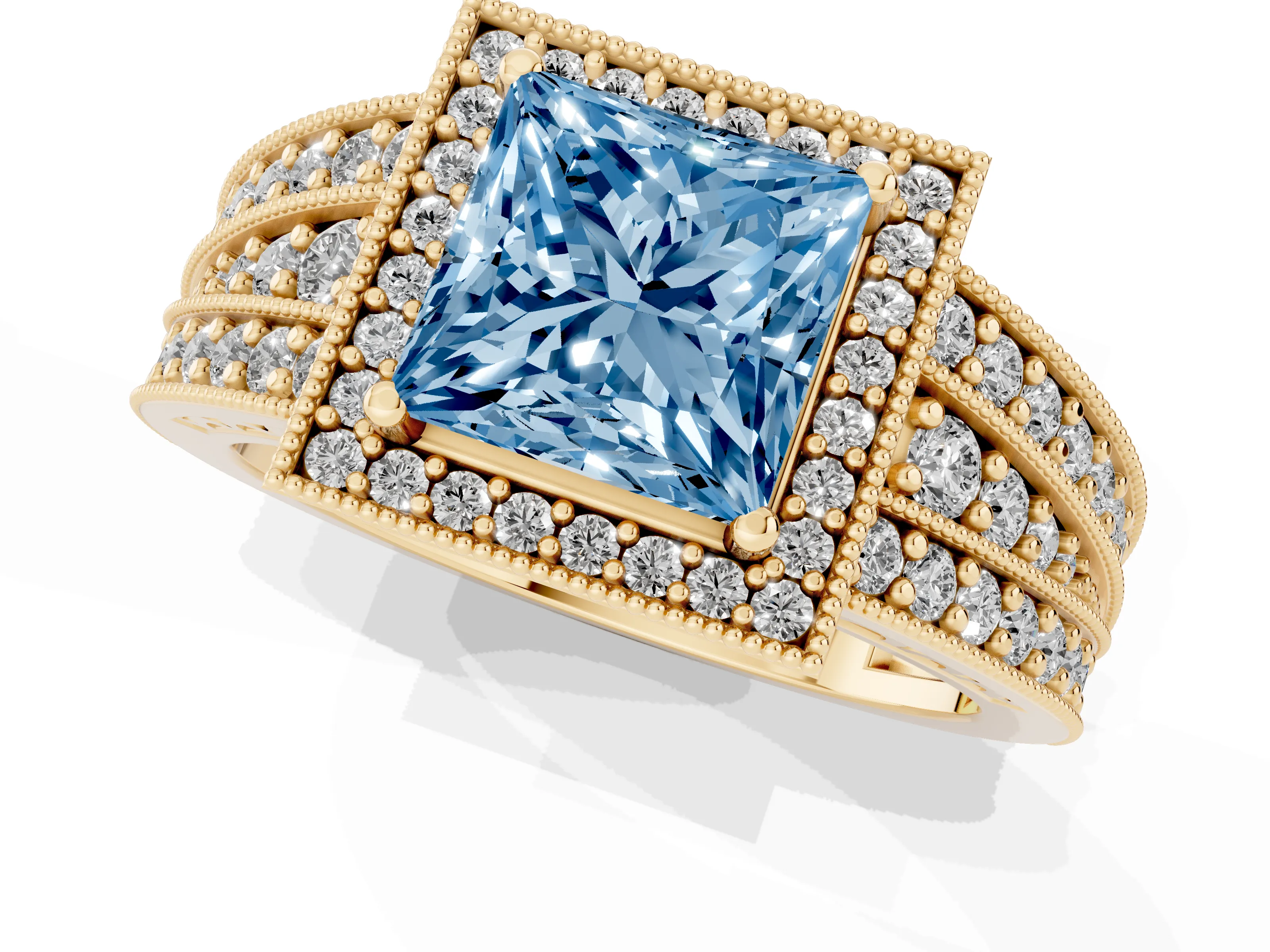 Fancy Blue Princess Cut Diamond Halo Ring Set in Yellow gold with Accent Split Shank and Prong Setting