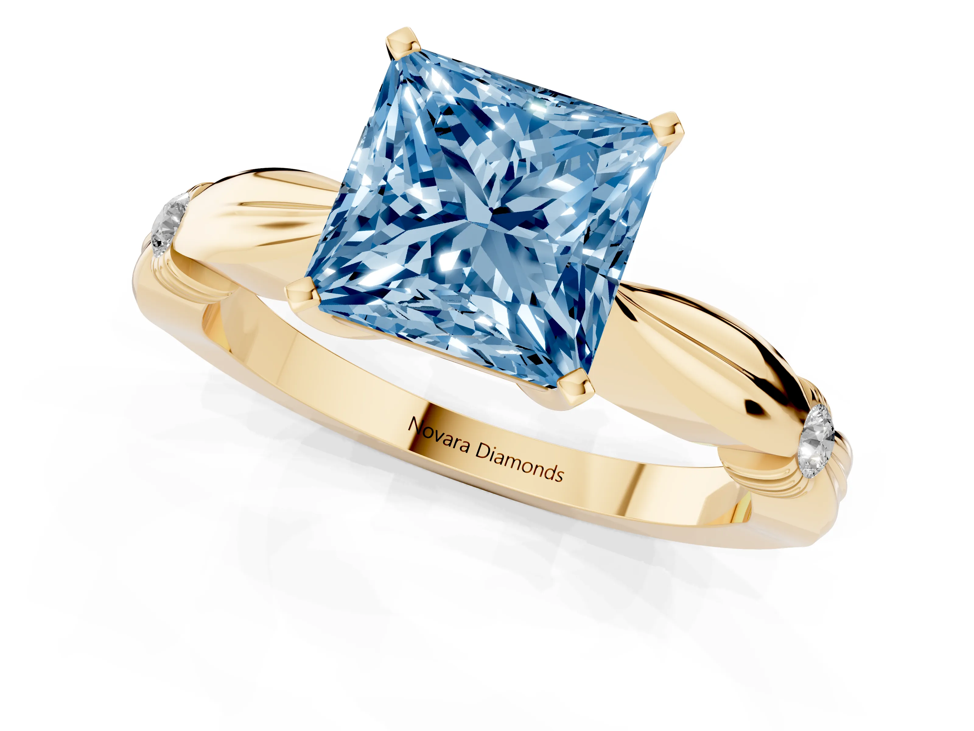 Fancy Blue Princess Cut Diamond Solitaire Twisted Band Ring Set in Yellow gold with Accent Stones and Prong Setting – second view