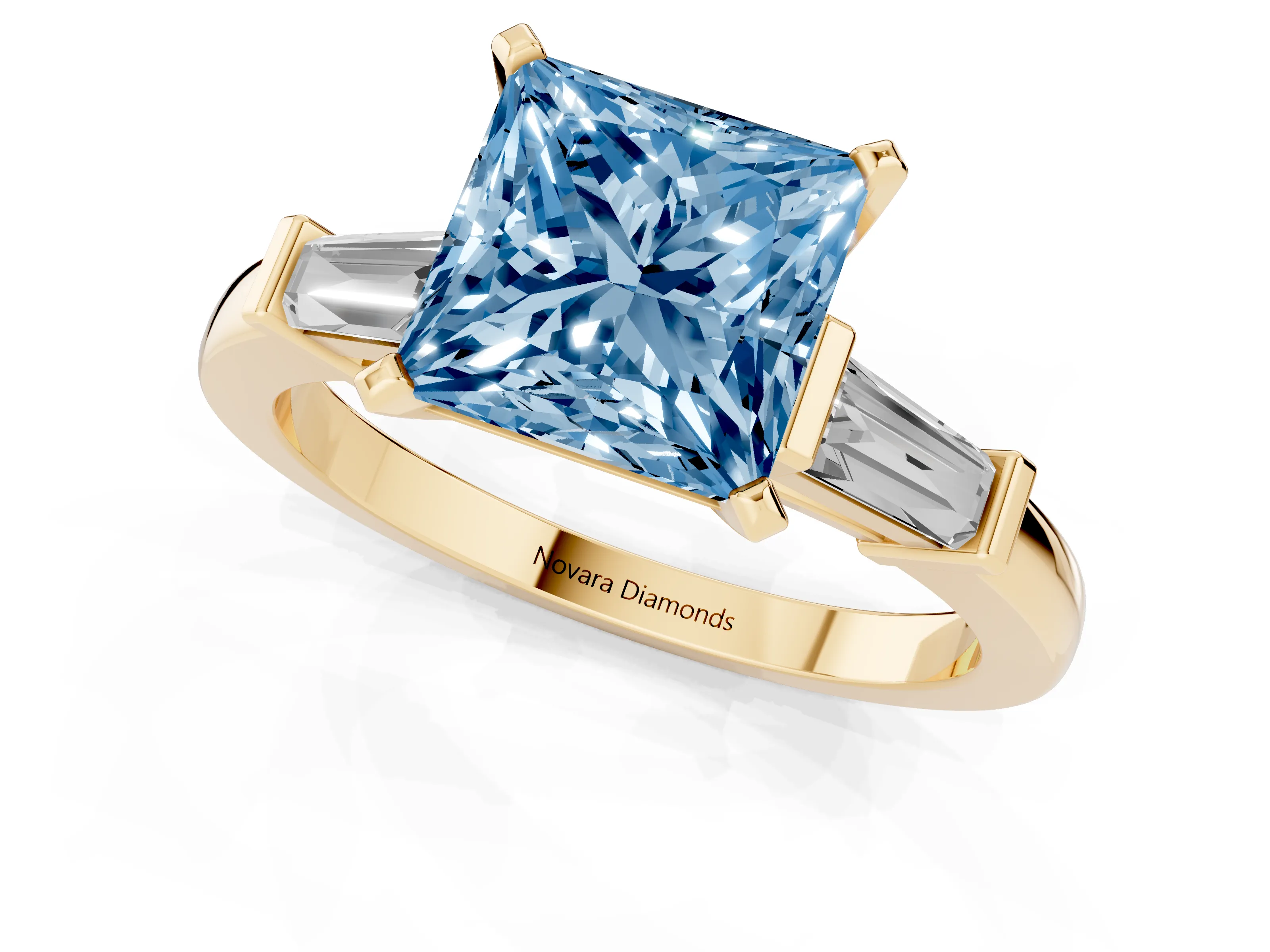 Fancy Blue Princess Cut Diamond Solitaire Ring Set in Yellow gold with Tapered Baguette Accents and Prong Setting