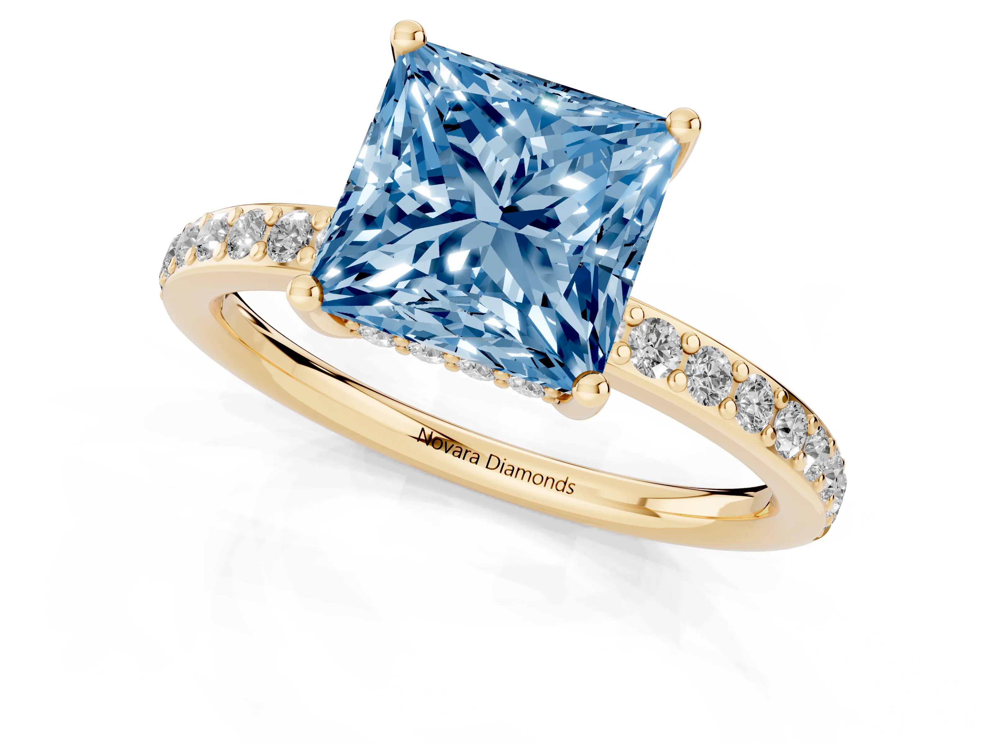 Fancy Blue Princess Cut Diamond Pavé Band Ring Set in Yellow gold with Prong-Set Center Stone