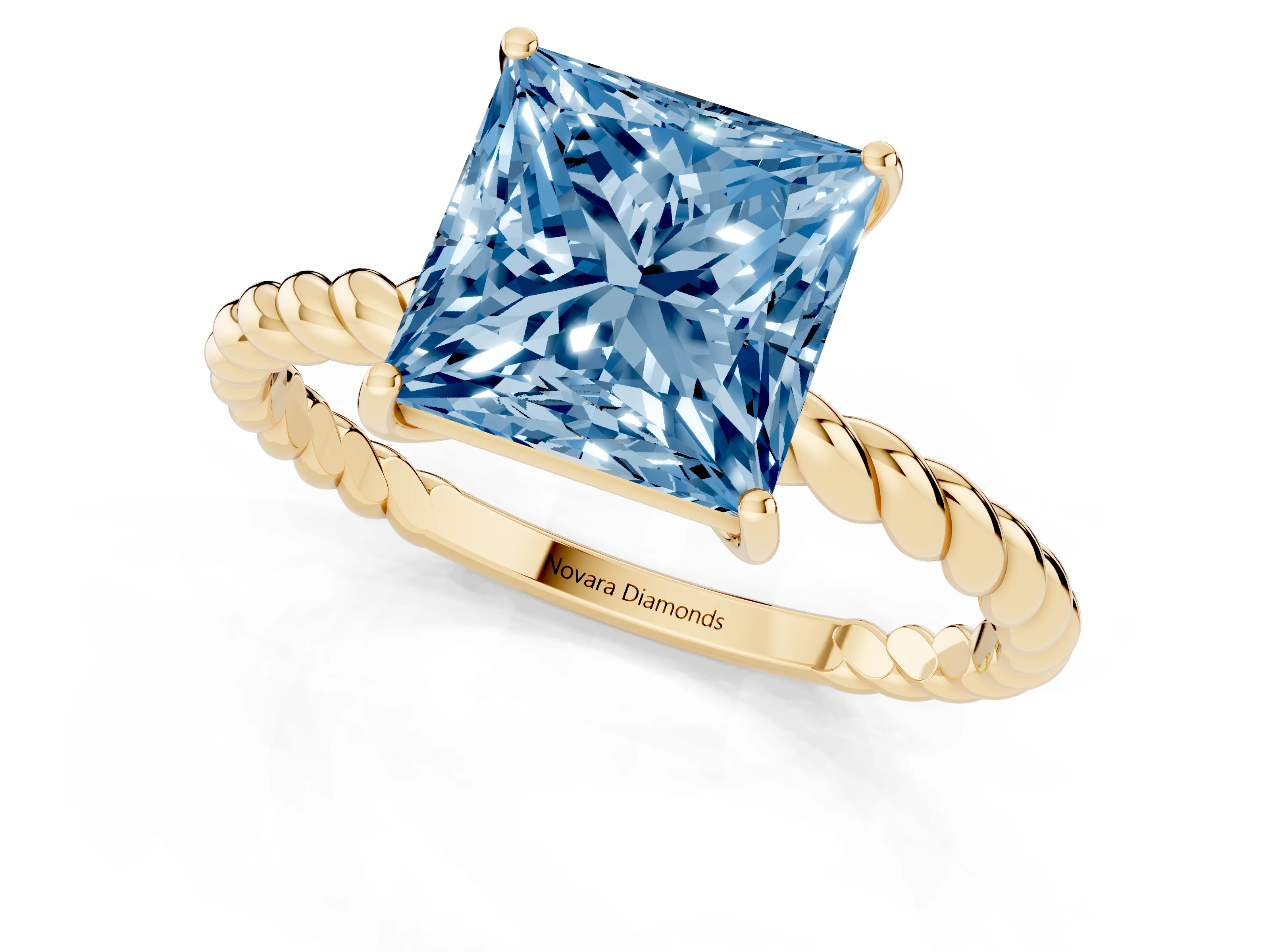 Fancy Blue Princess Cut Diamond Solitaire Ring Set in Yellow gold with Twist Band and Prong Setting