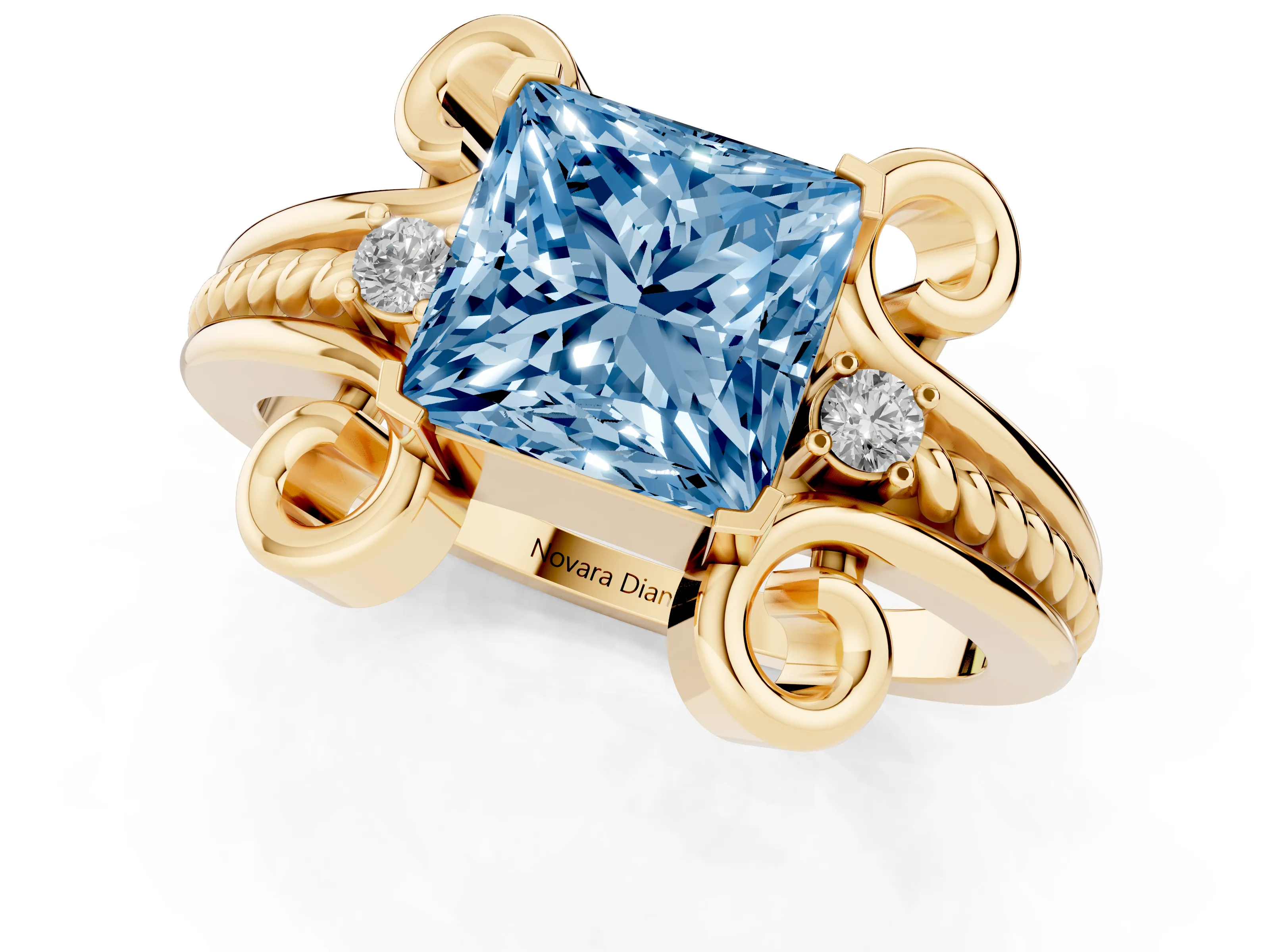 Fancy Blue Princess Cut Diamond Twisted Band Solitaire Ring Set in Yellow gold with Scroll Prongs