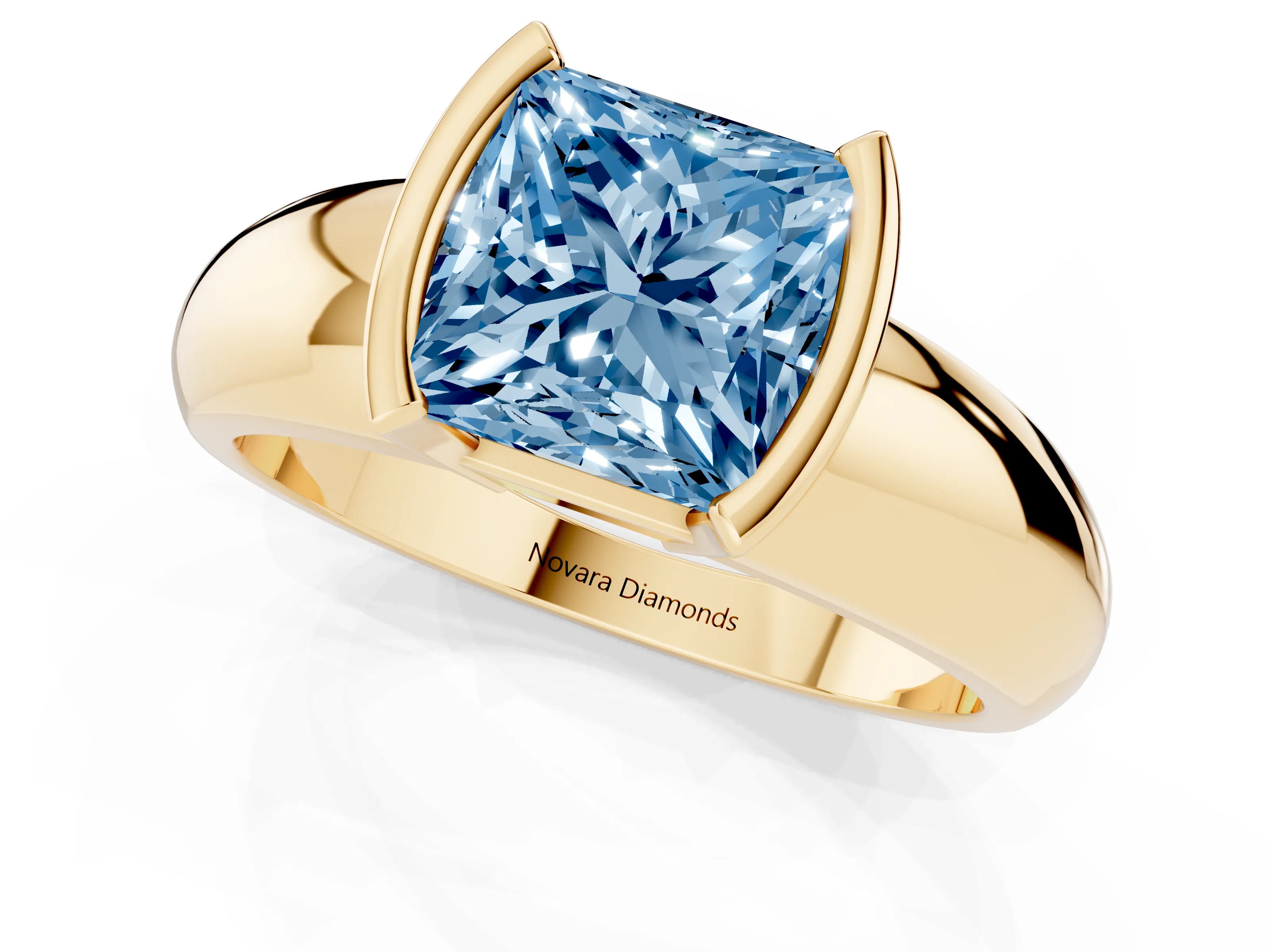Fancy Blue Princess Cut Diamond Solitaire Tension Set Ring Set in Yellow gold with Wide Band